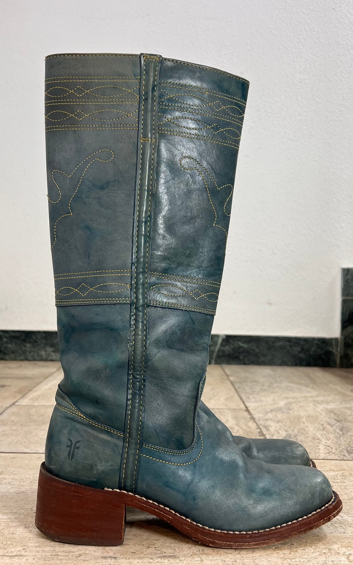 Frye Denim Blue Leather Western Boots with Contrast Stitching