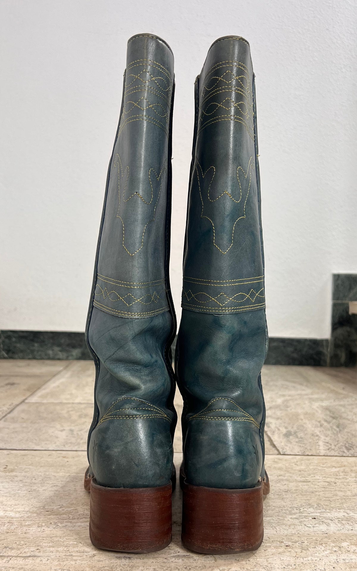 Frye Denim Blue Leather Western Boots with Contrast Stitching