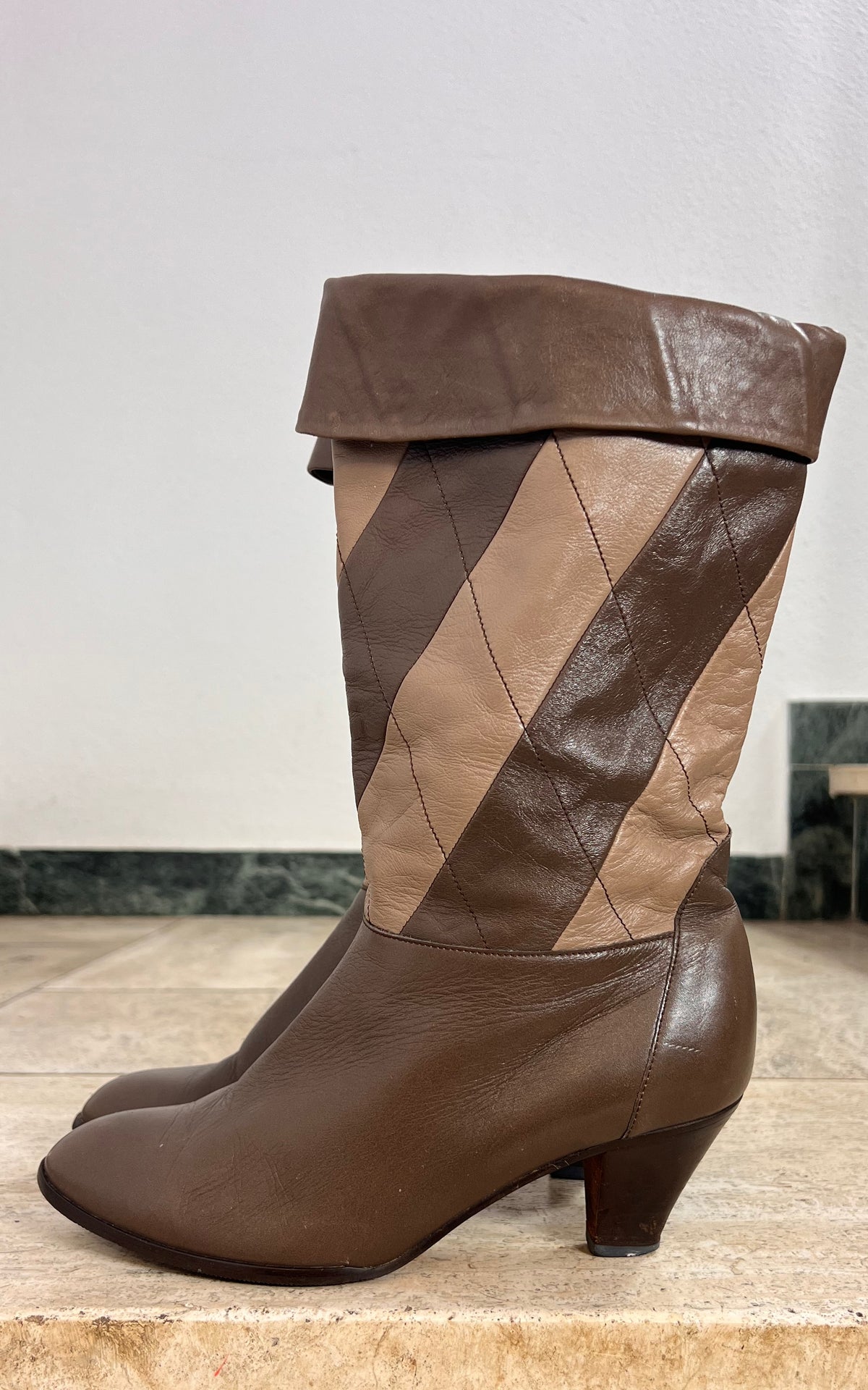 Vintage Brown & Camel Diamond Patchwork Leather Boots