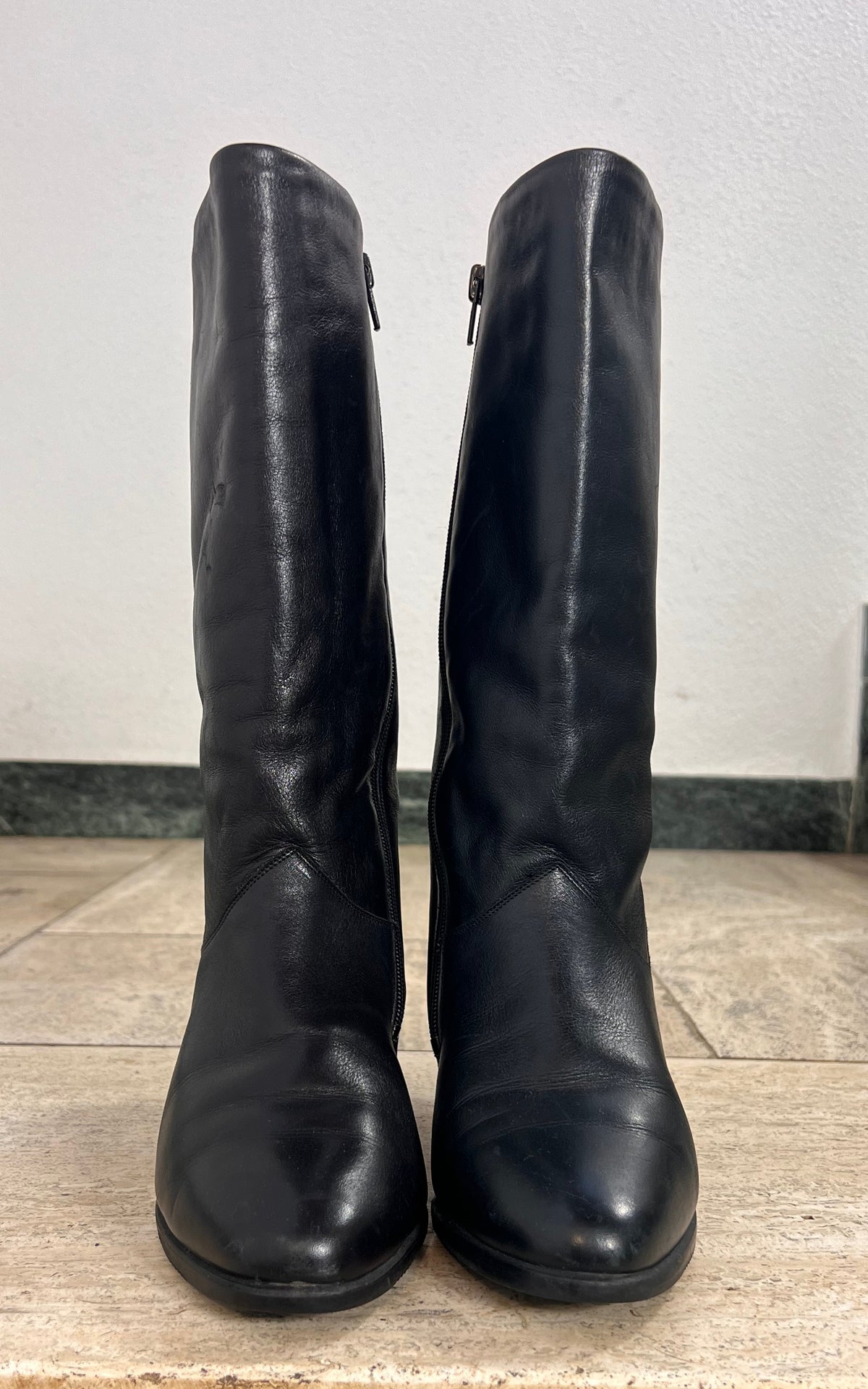 Vintage Black Leather Tall Boots with Suede Inlays & Warm Lining