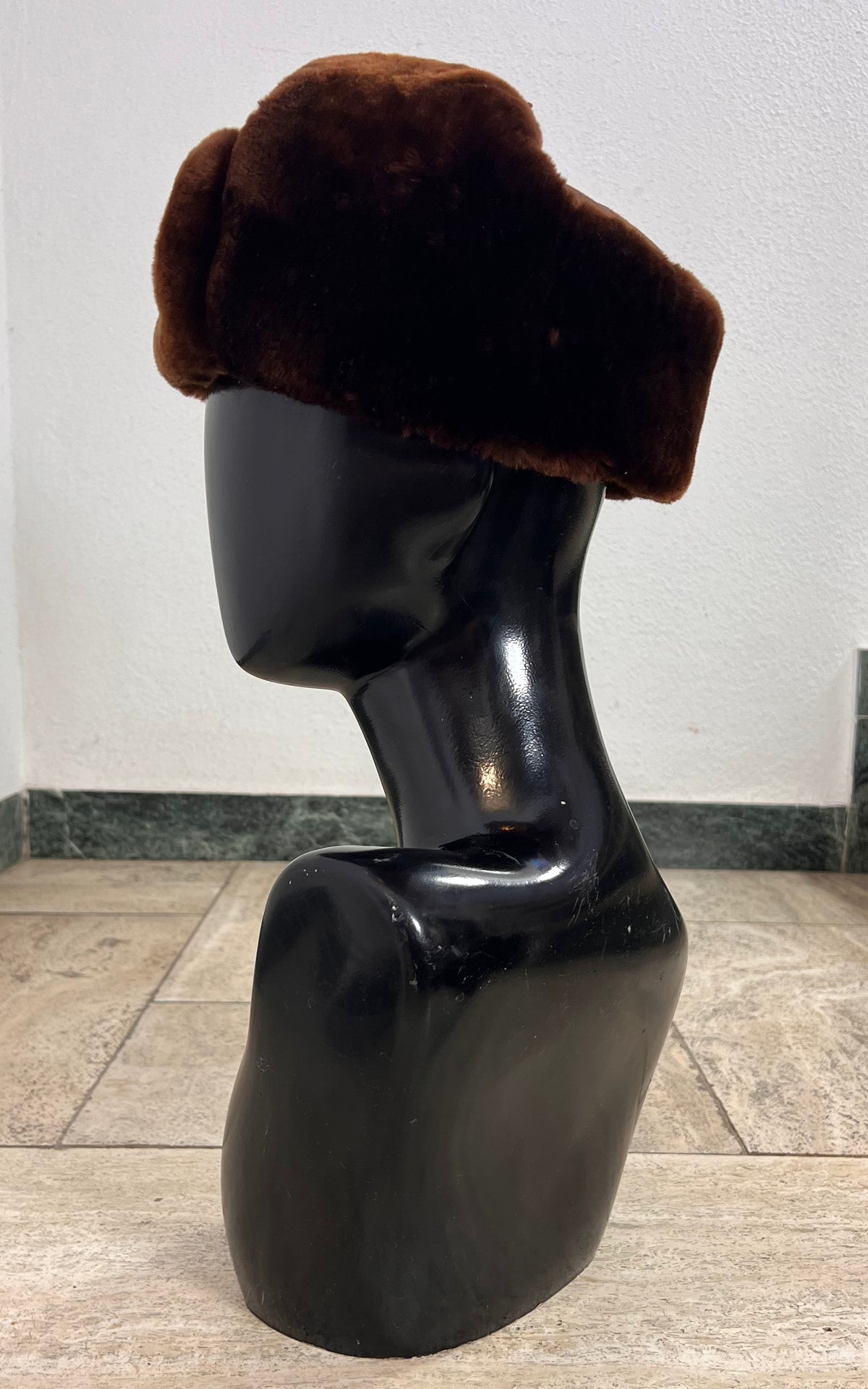 Vintage Brown Shearling Trapper Hat with Suede Crown & Tie-Up Ear Flaps