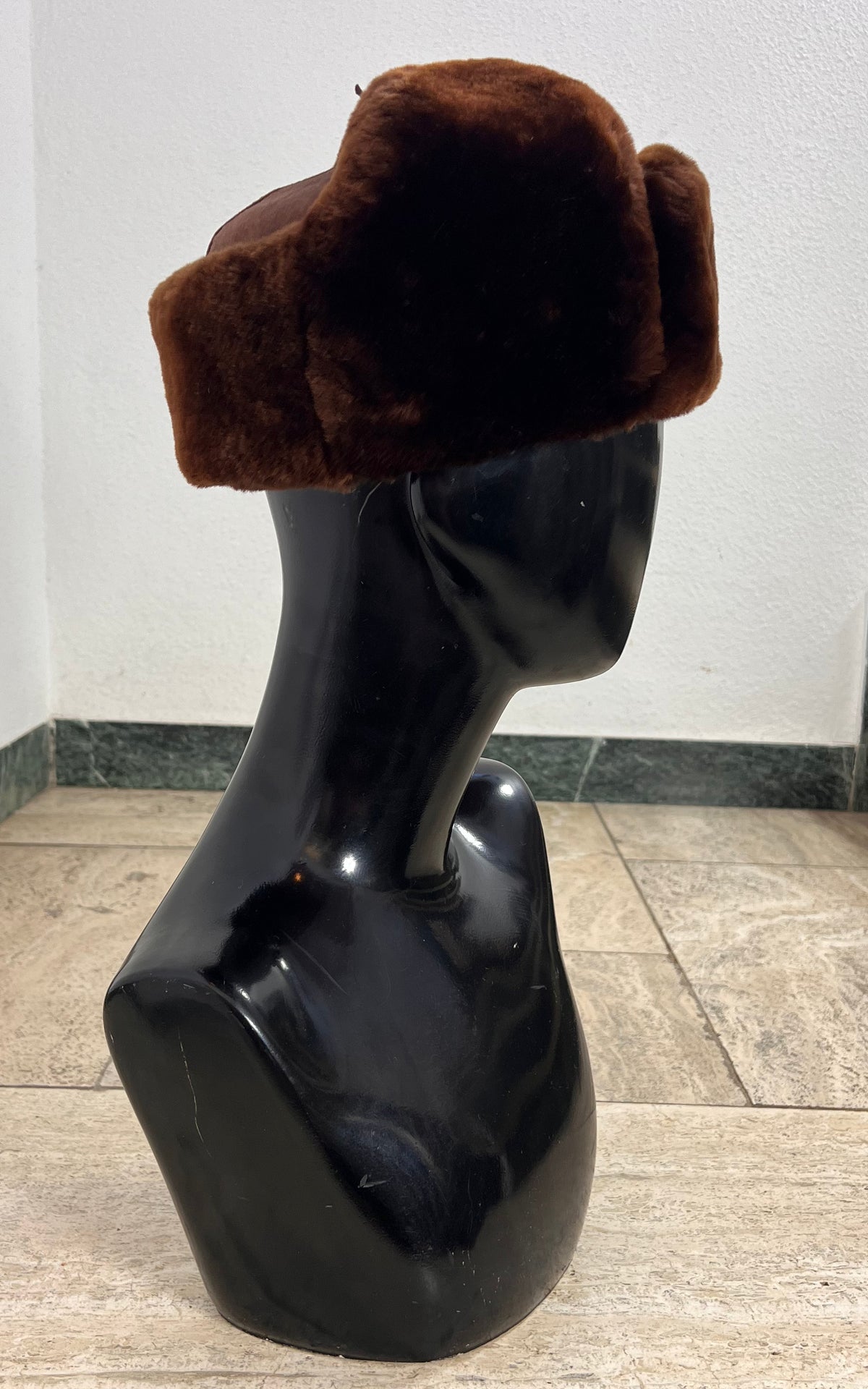Vintage Brown Shearling Trapper Hat with Suede Crown & Tie-Up Ear Flaps