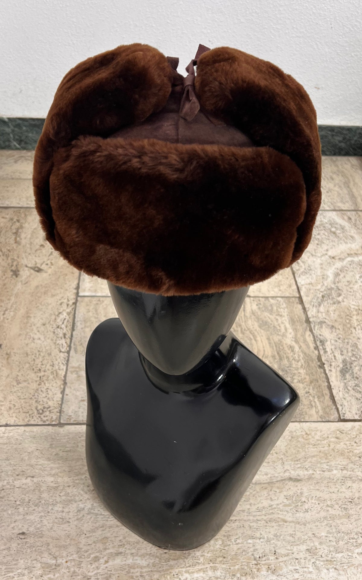 Vintage Brown Shearling Trapper Hat with Suede Crown & Tie-Up Ear Flaps