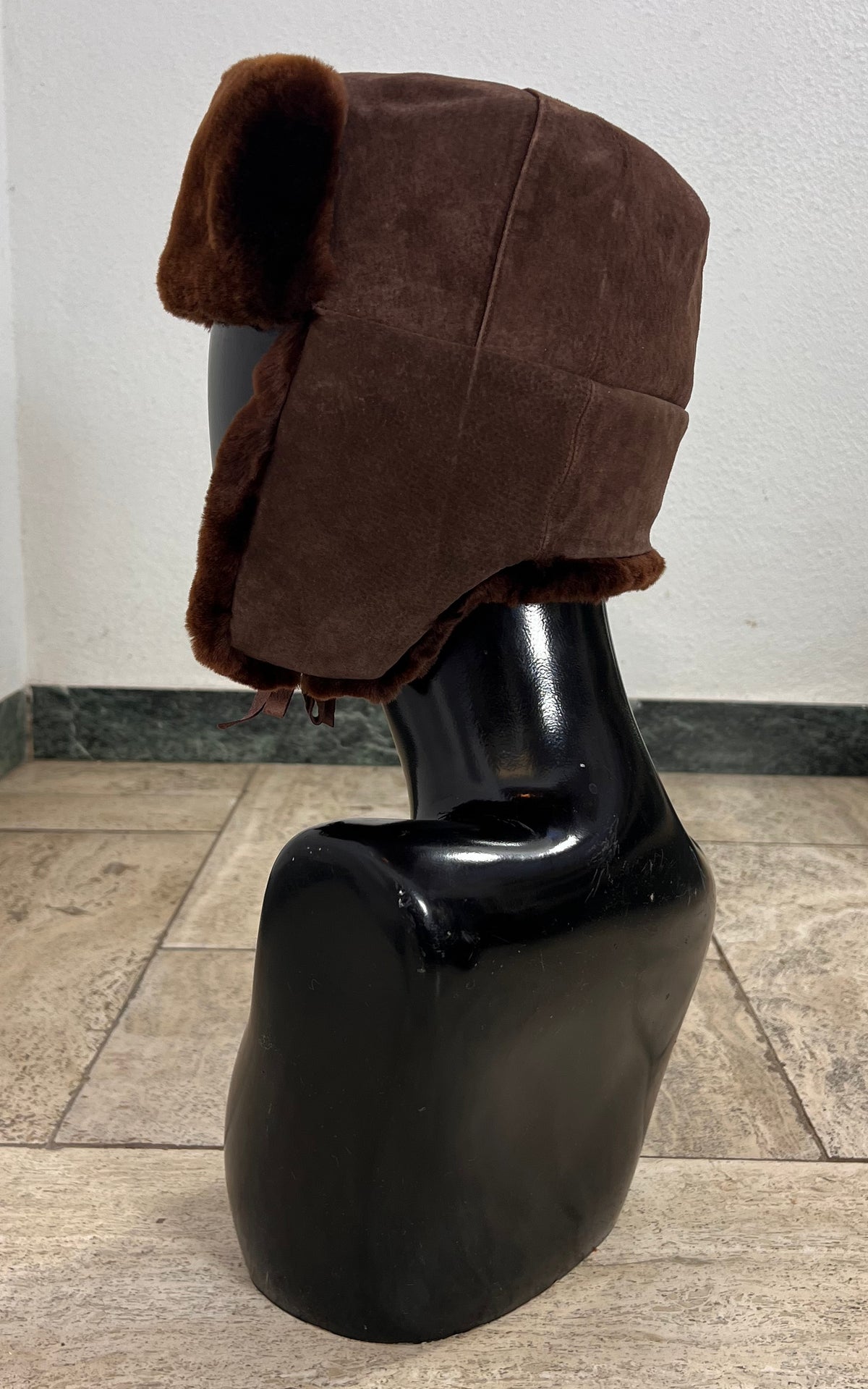 Vintage Brown Shearling Trapper Hat with Suede Crown & Tie-Up Ear Flaps