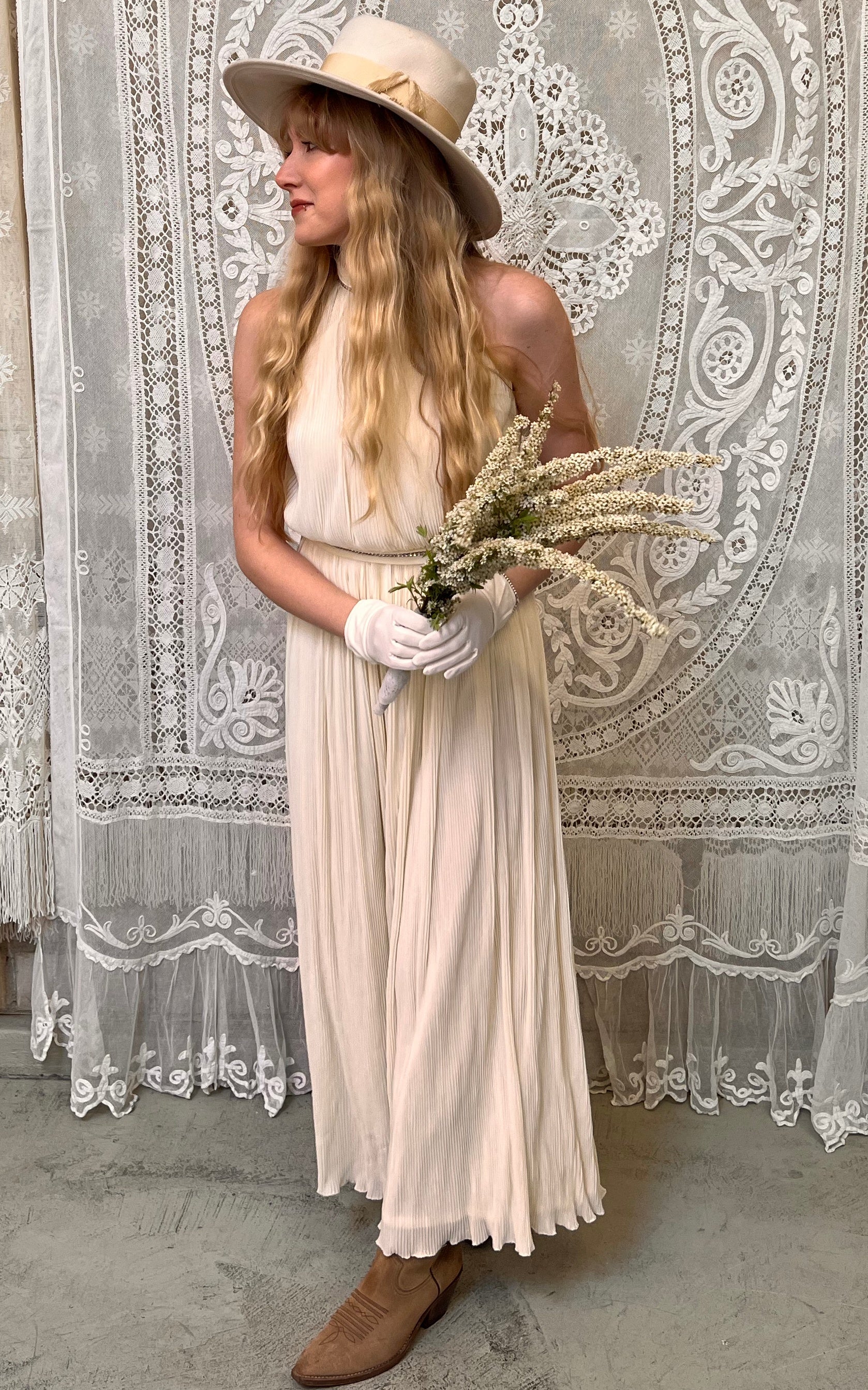 Clean Chic Pleated 70s Wedding Dress