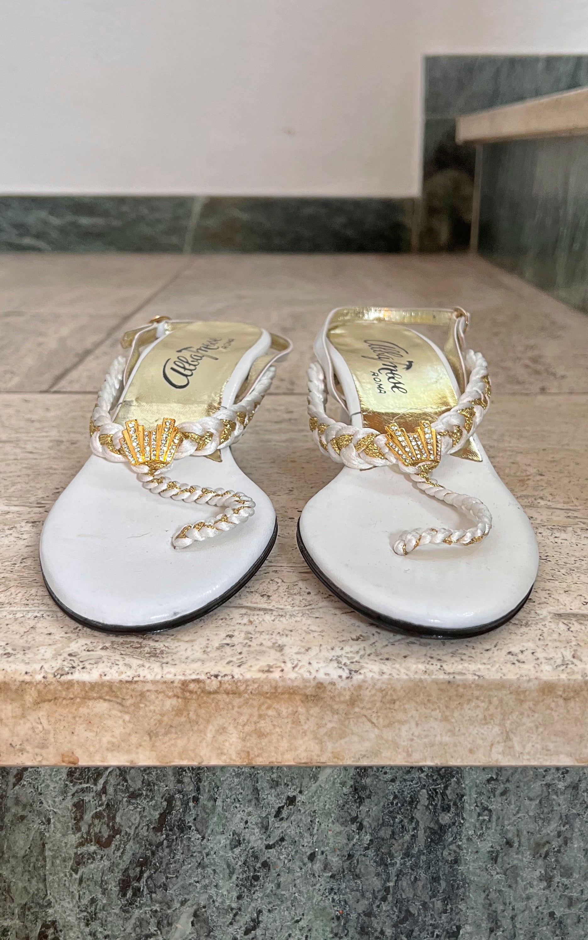 Vintage 60s Enzo Albanese Rhinestone Shell Sandals 36