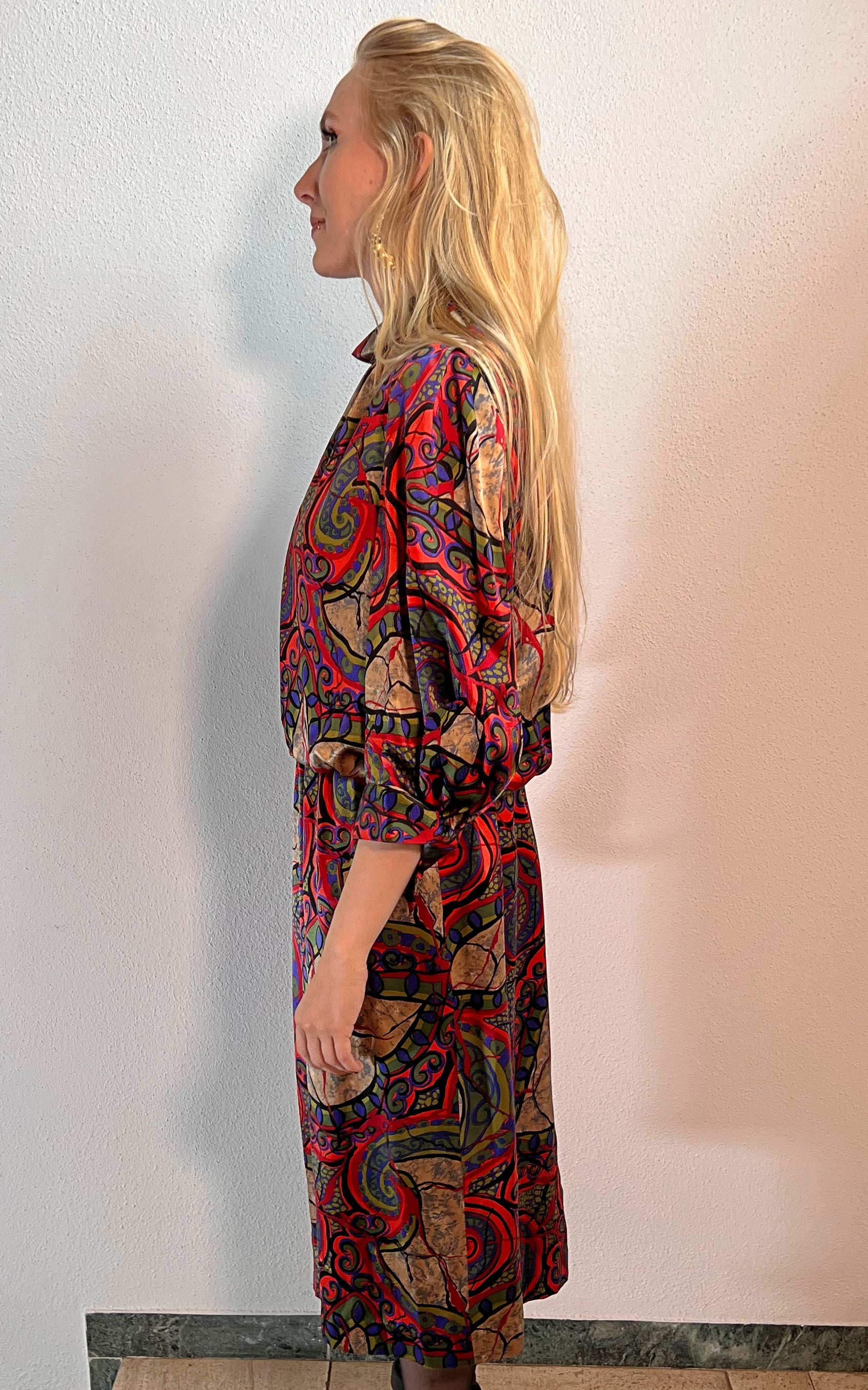 Vintage Abstract Print Silk Dress