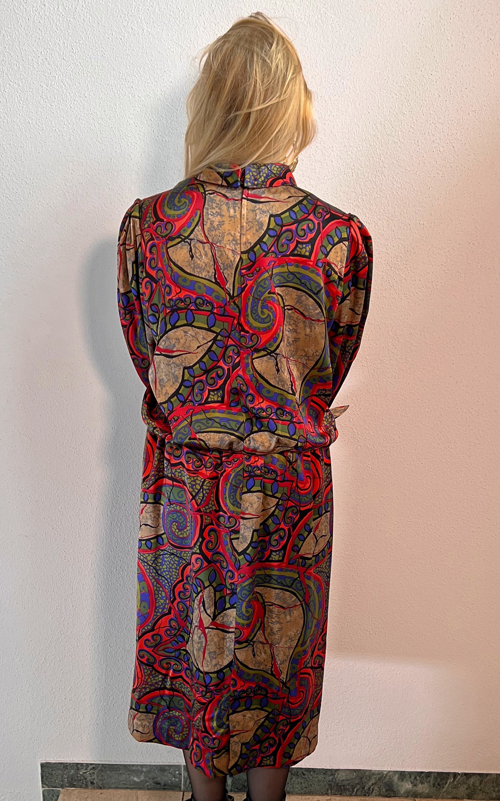 Vintage Abstract Print Silk Dress