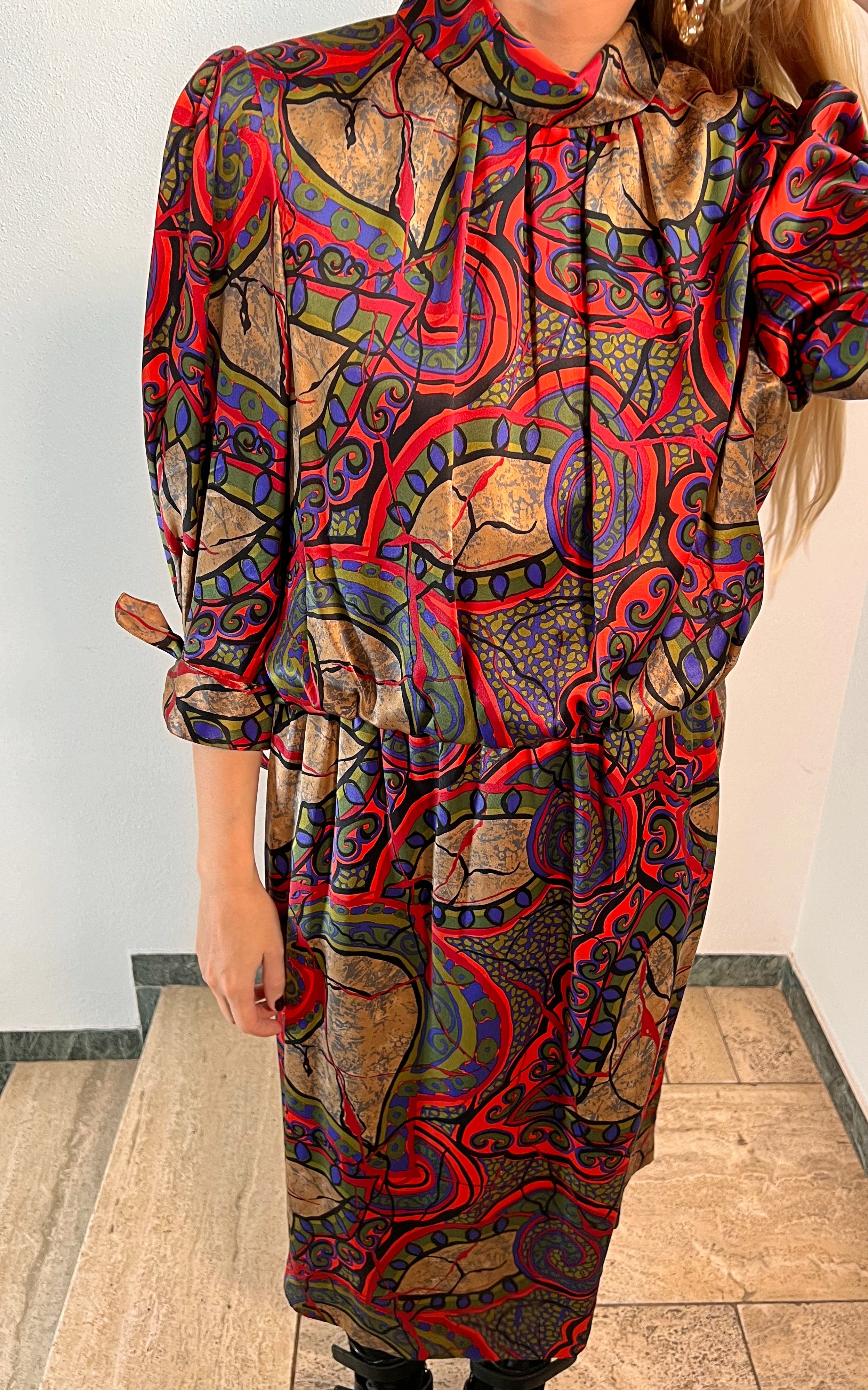 Vintage Abstract Print Silk Dress