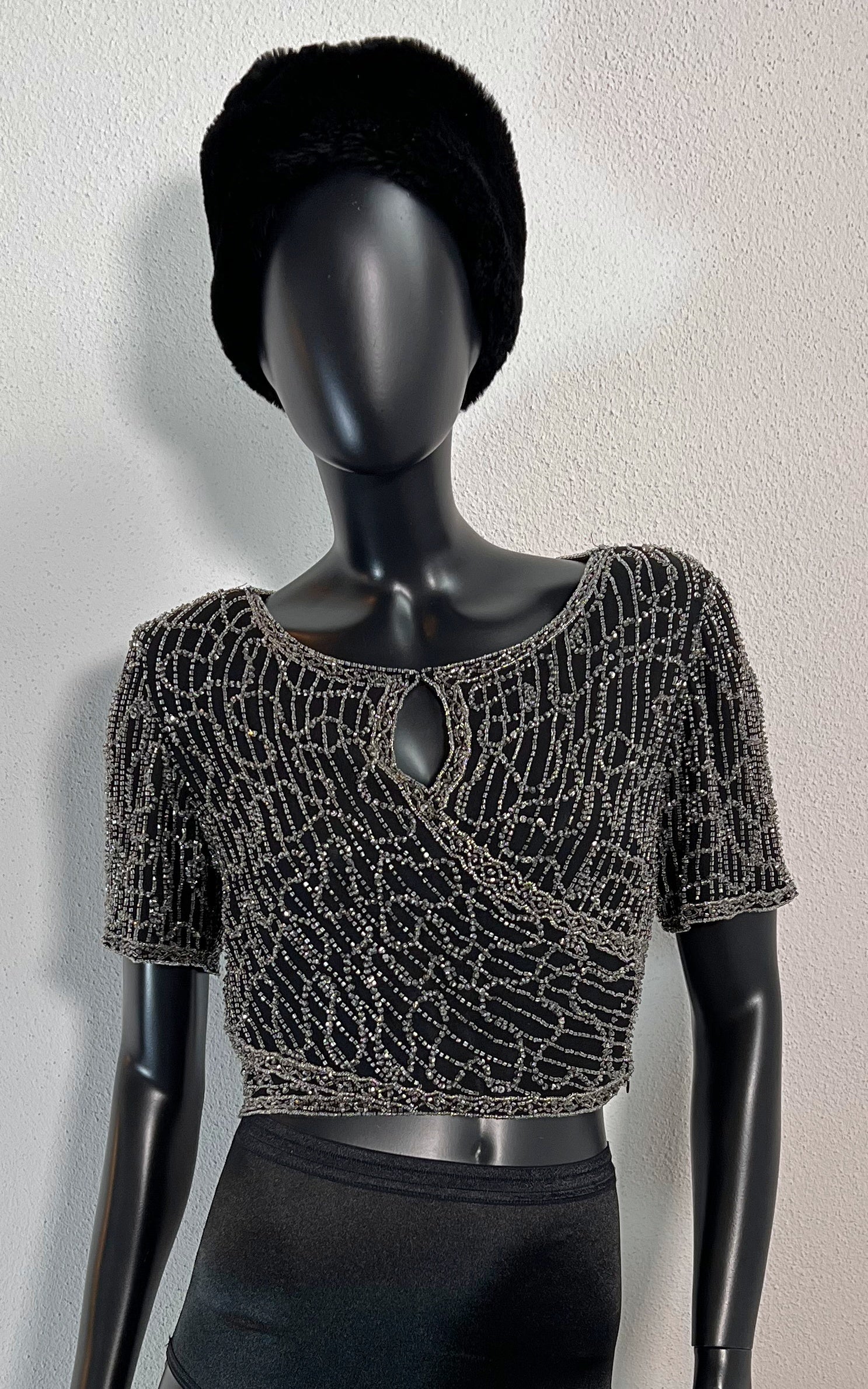 Vintage Crooped Sequins Silk Top