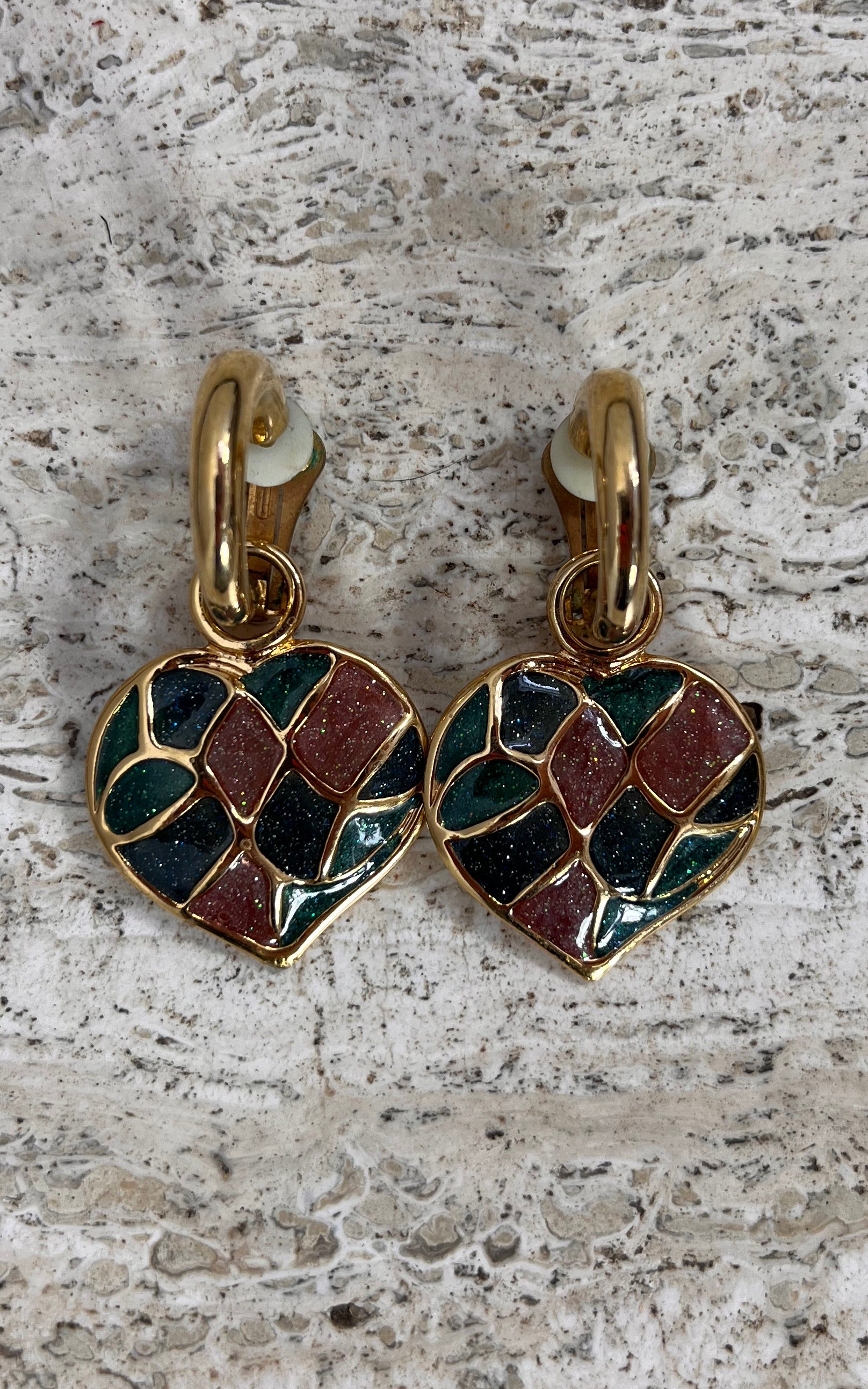 Vintage 90s Heart Drop Clip Ons - Mosaic Enamel