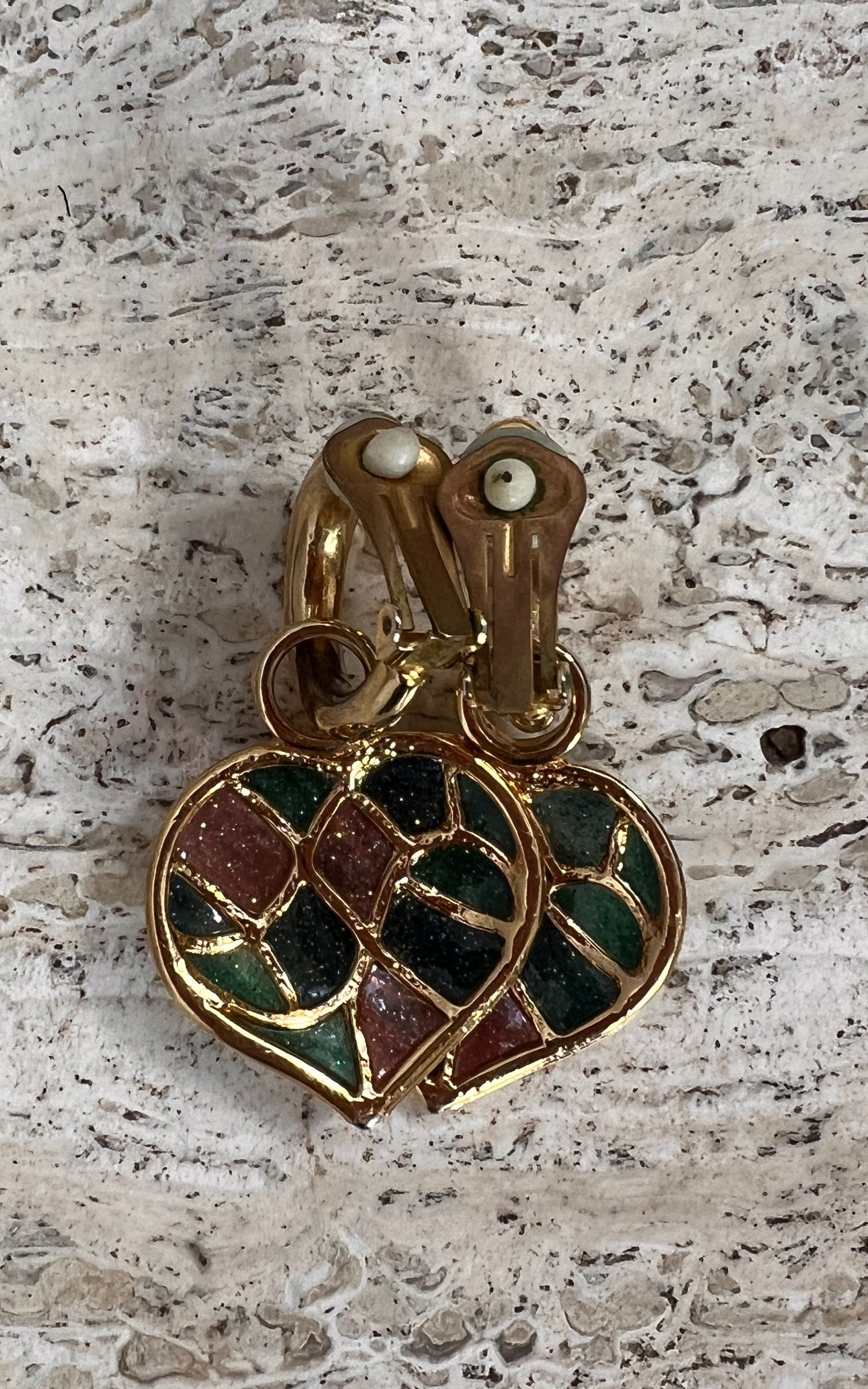 Vintage 90s Heart Drop Clip Ons - Mosaic Enamel