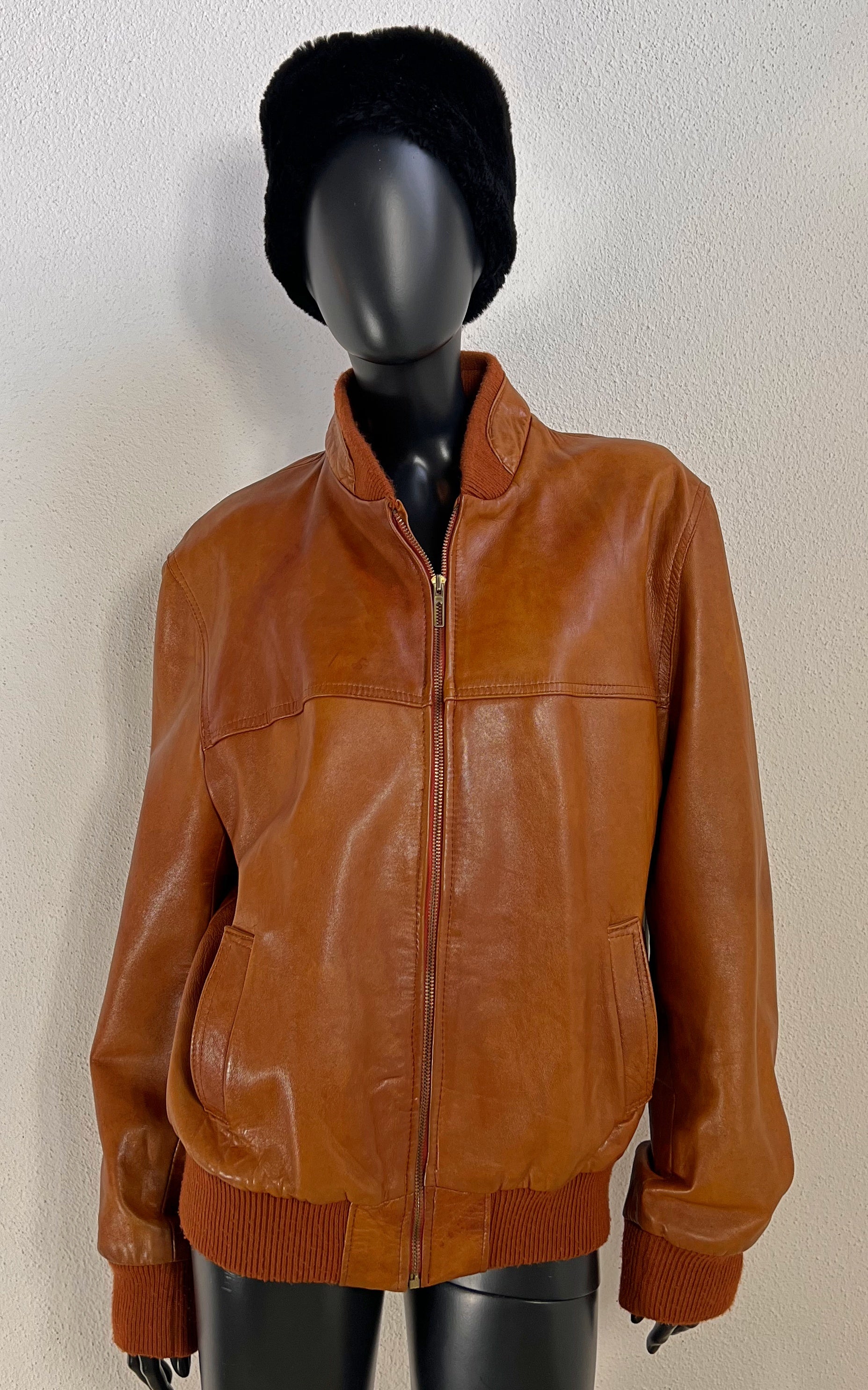Vintage Cognac Leather Bomber Jacket