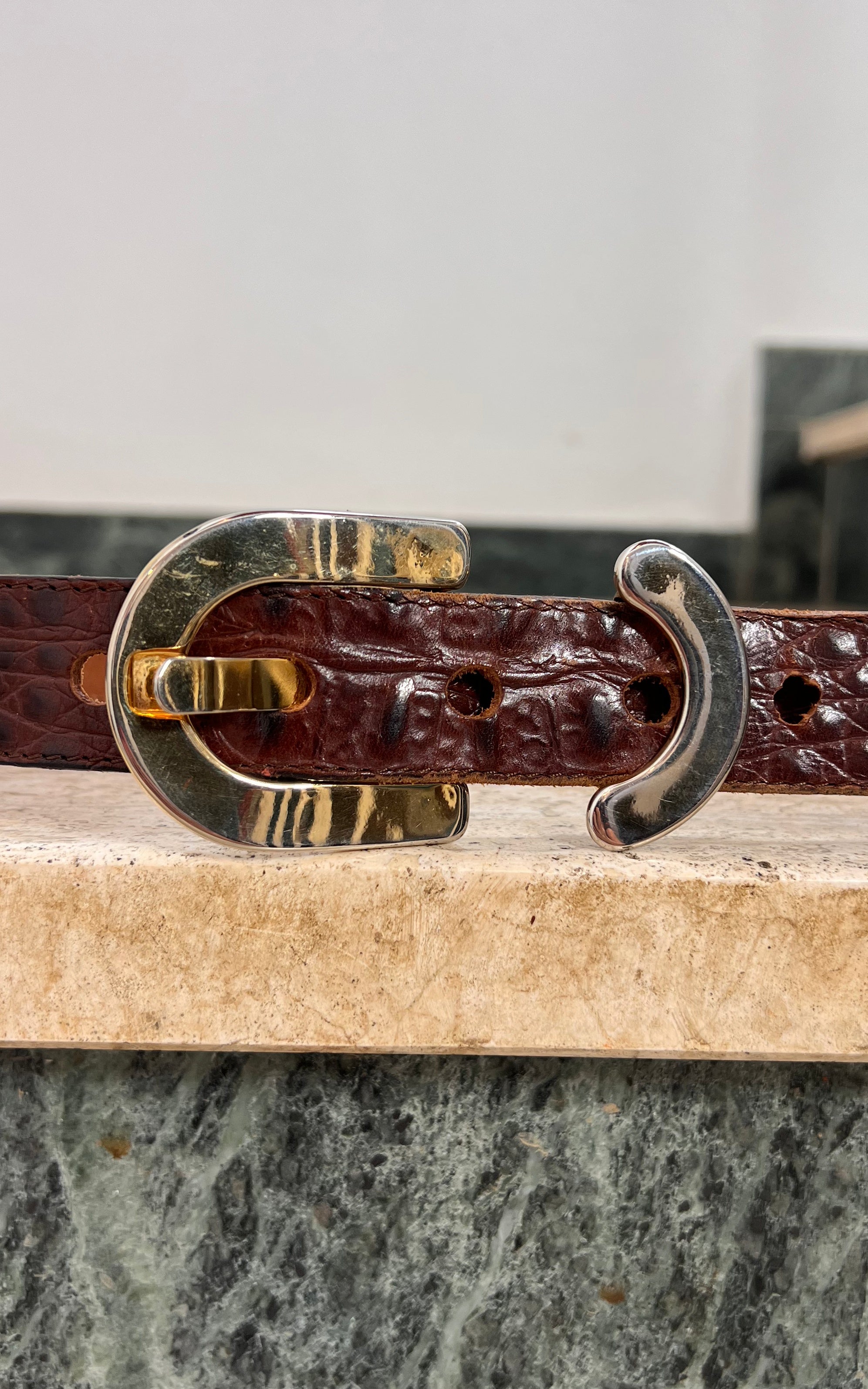 Vintage 70s Brown Crocodile-Embossed Leather Belt