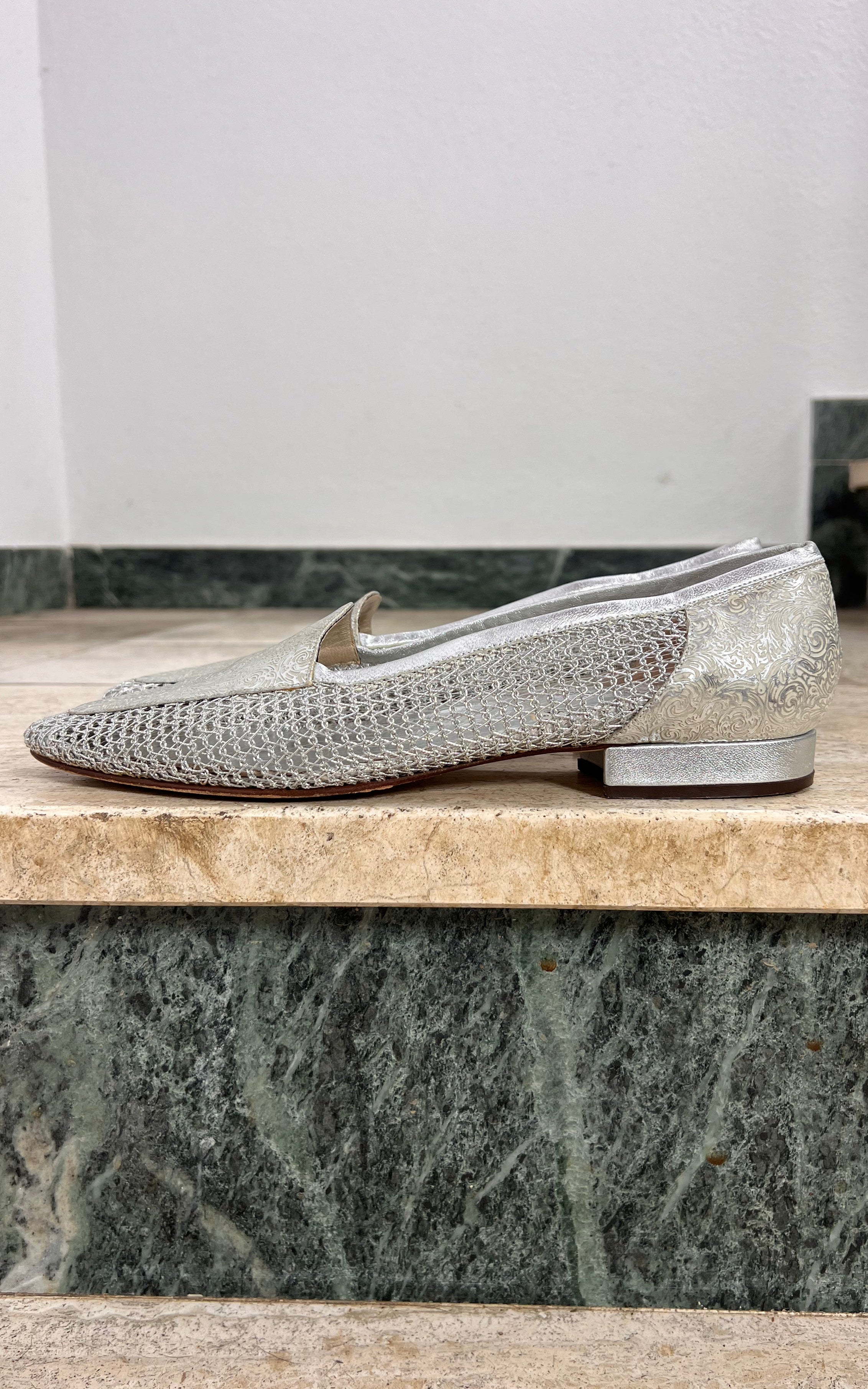 Vintage Brunella Silver Brocade and Mesh Loafers 40