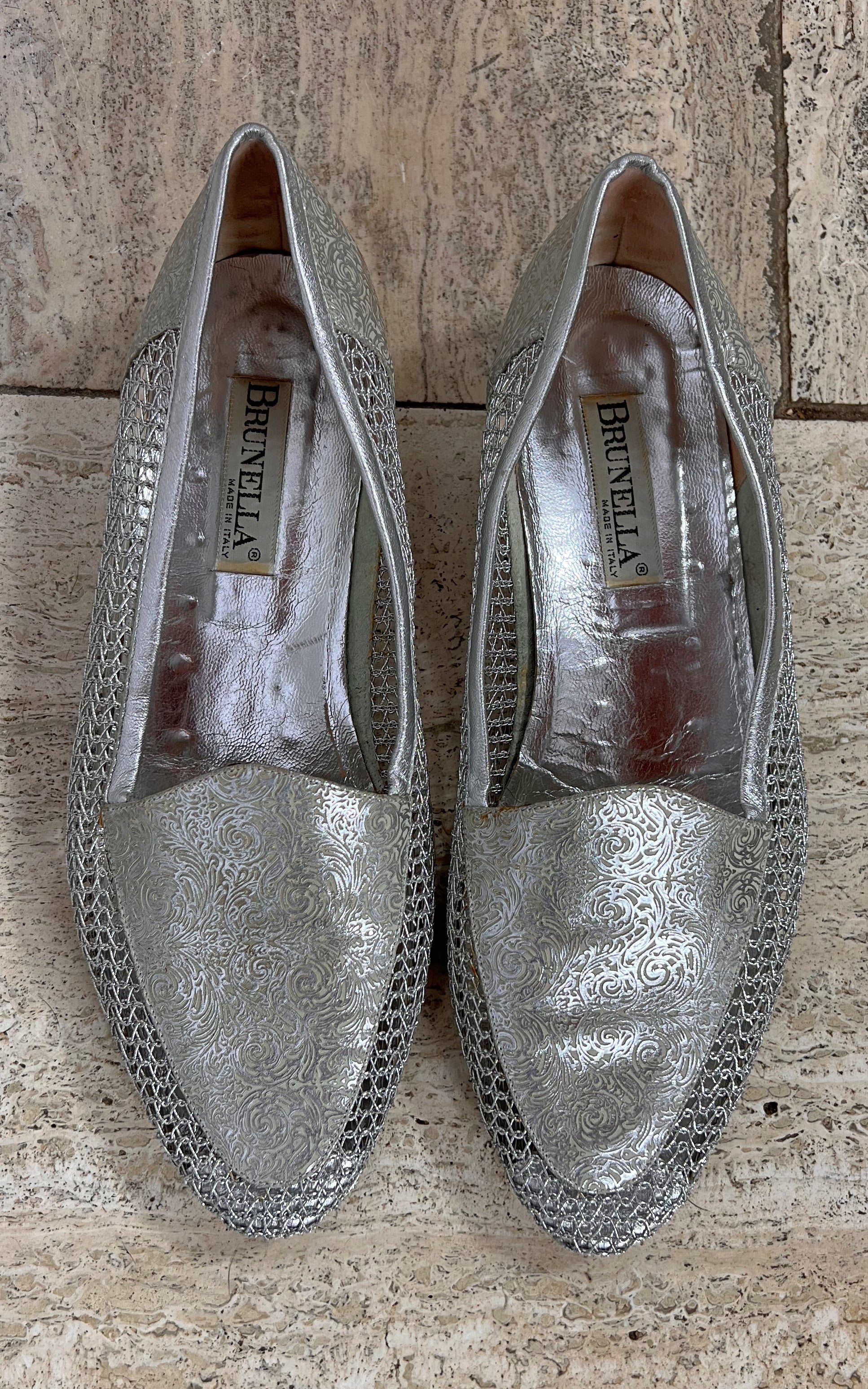 Vintage Brunella Silver Brocade and Mesh Loafers 40