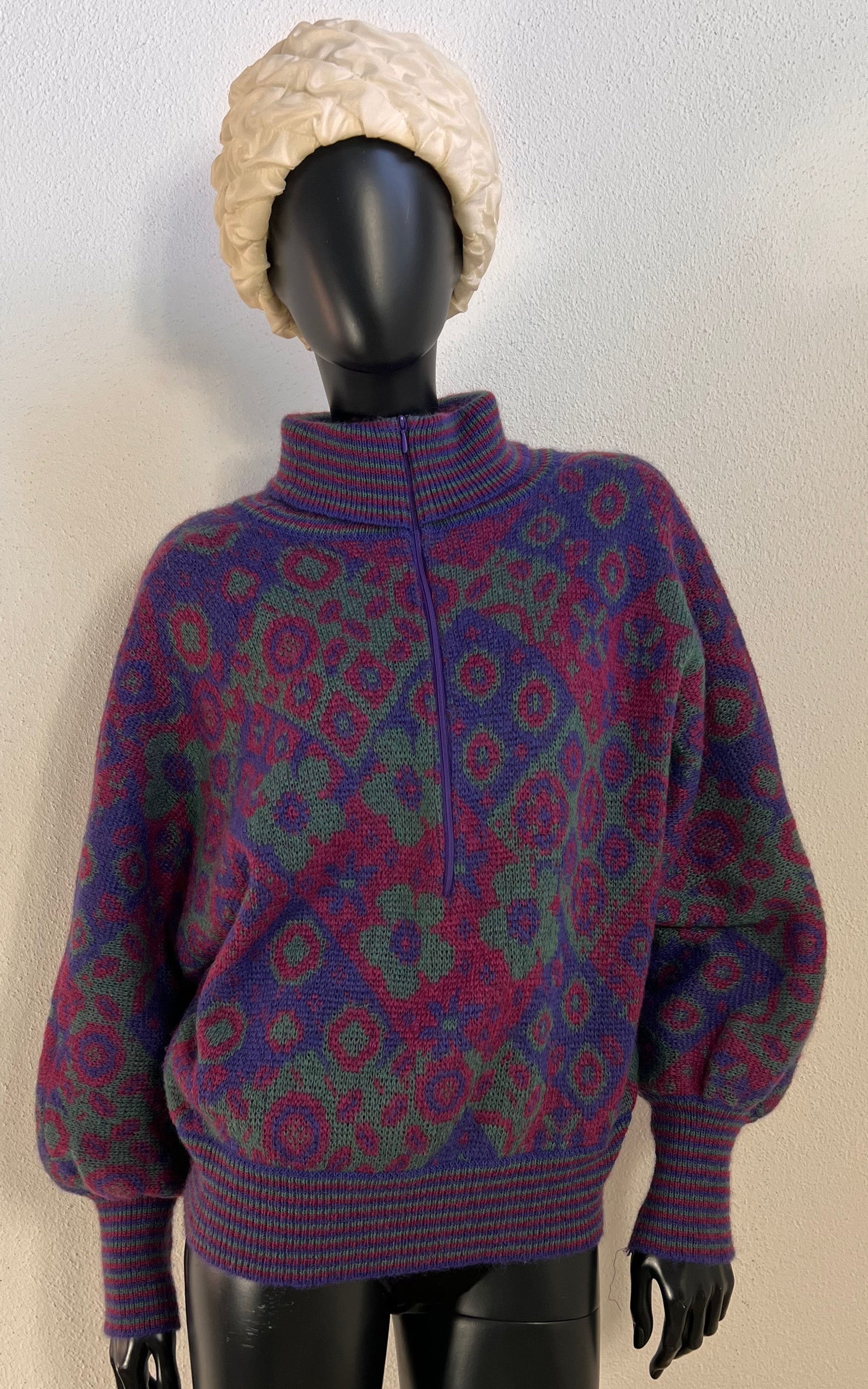 Vintage 1980s Floral Jacquard Half-Zip Sweater