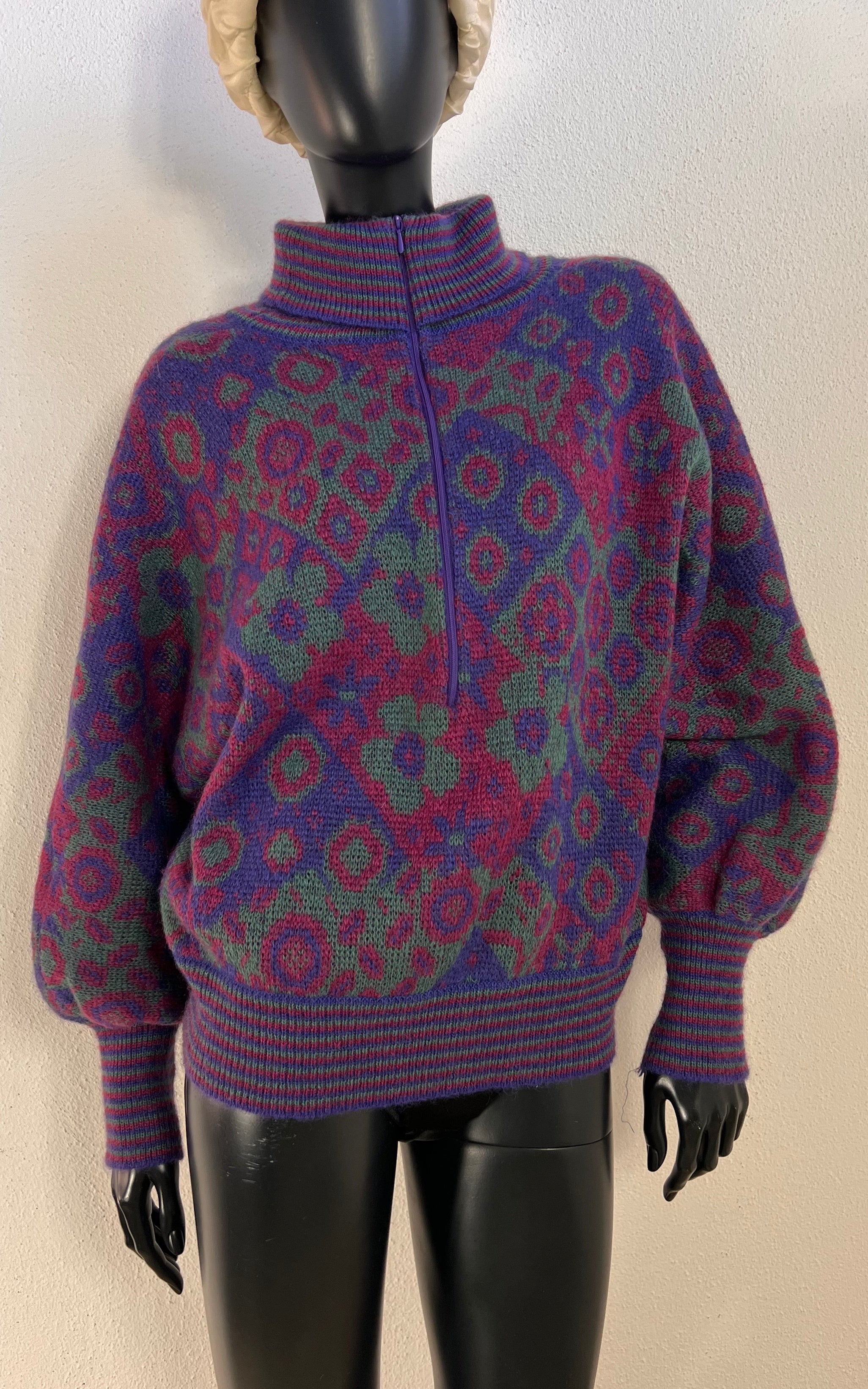 Vintage 1980s Floral Jacquard Half-Zip Sweater