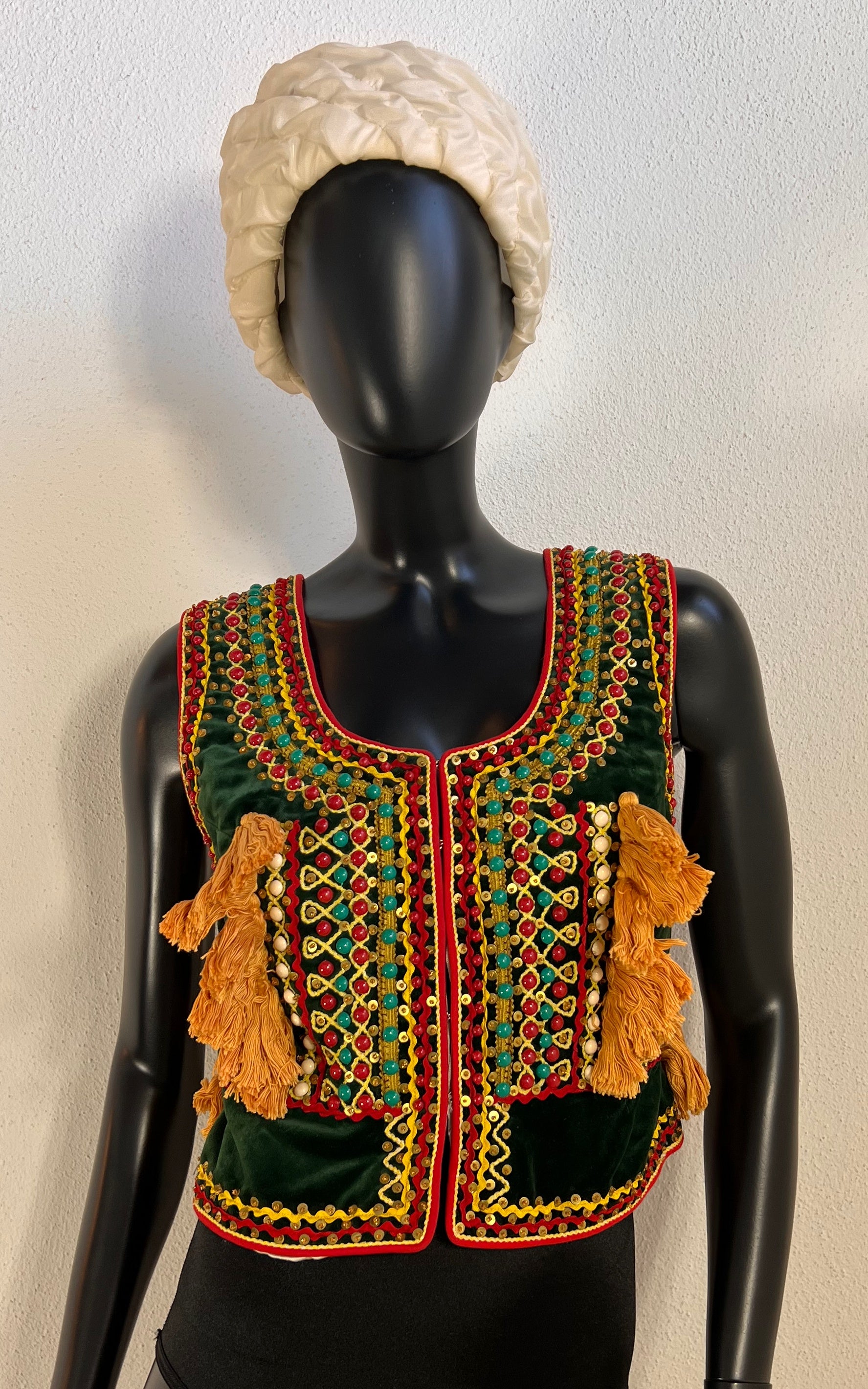 Vintage Embellished Green Velvet Polish Folk Vest with Beads and Tassels