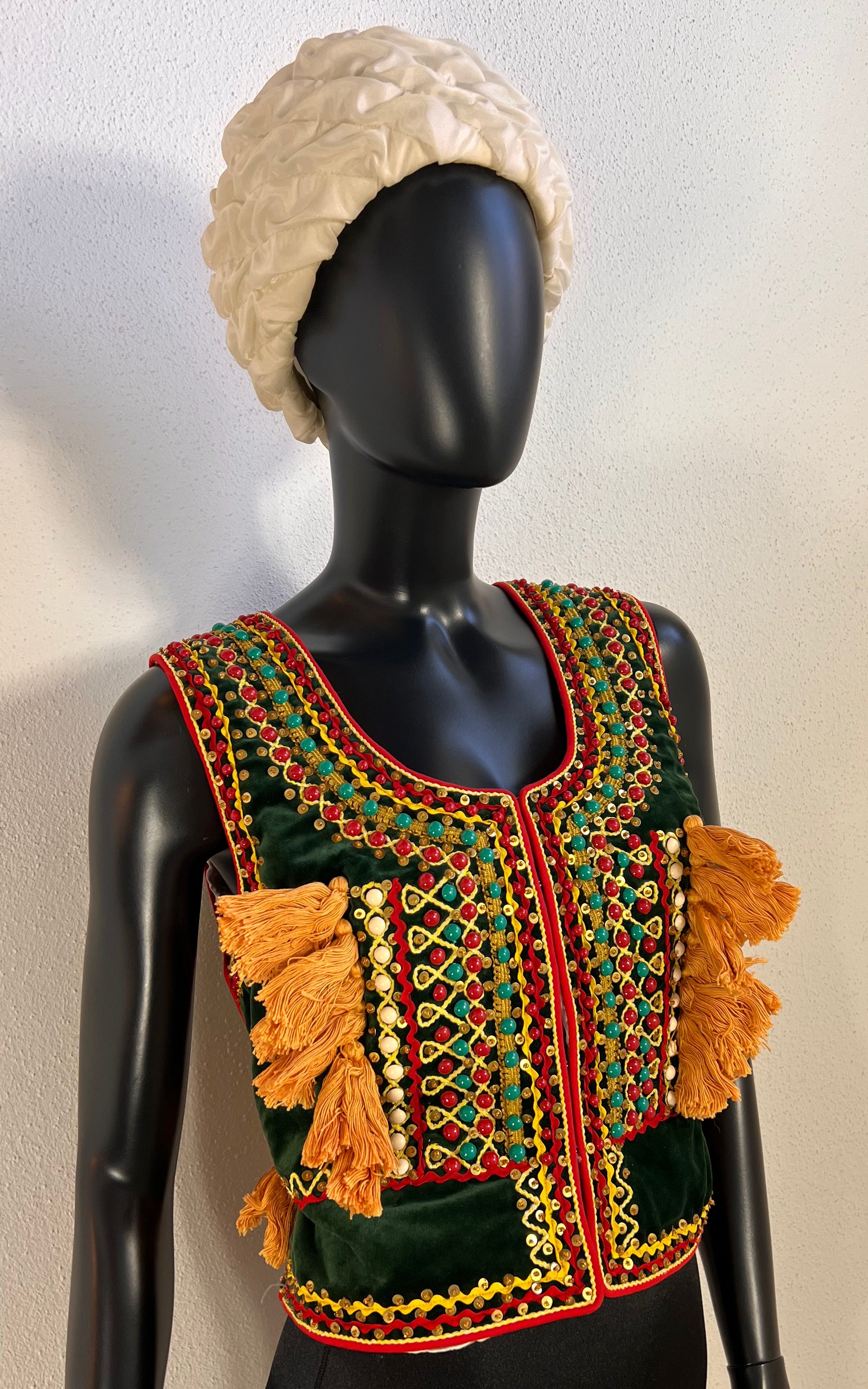 Vintage Embellished Green Velvet Polish Folk Vest with Beads and Tassels