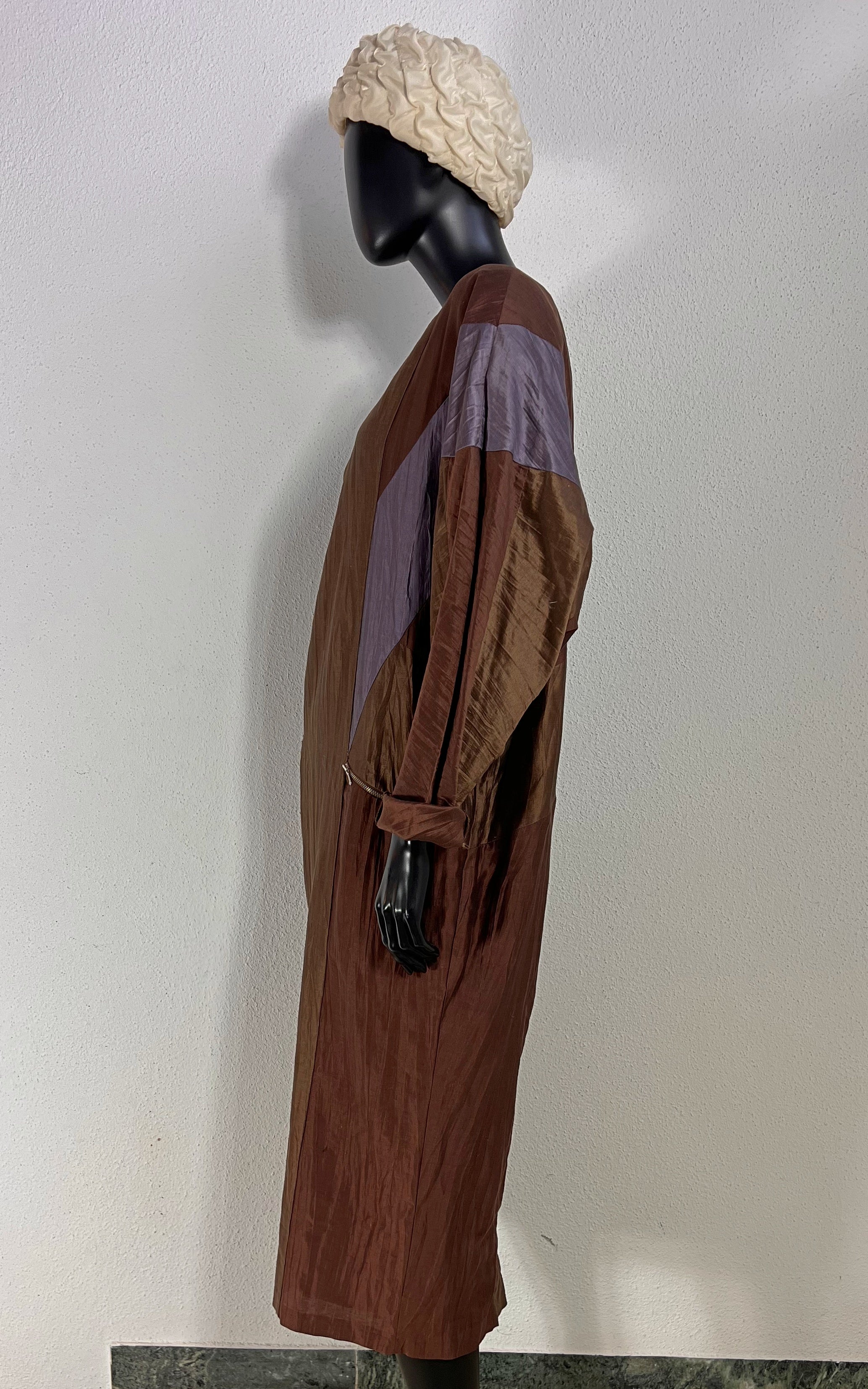 Vintage Moncara 100% Silk Brown Colour-Block Midi Dress