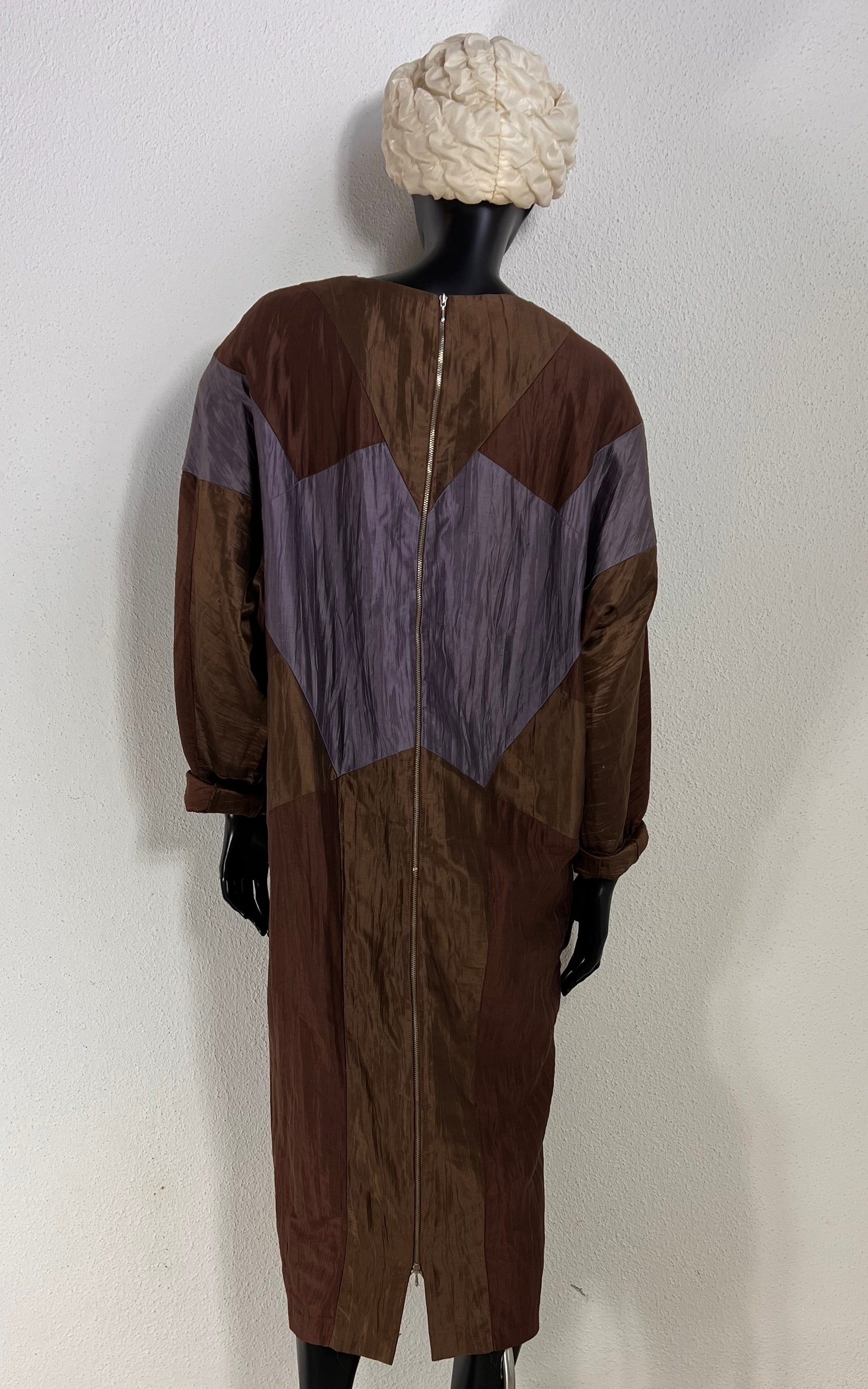 Vintage Moncara 100% Silk Brown Colour-Block Midi Dress