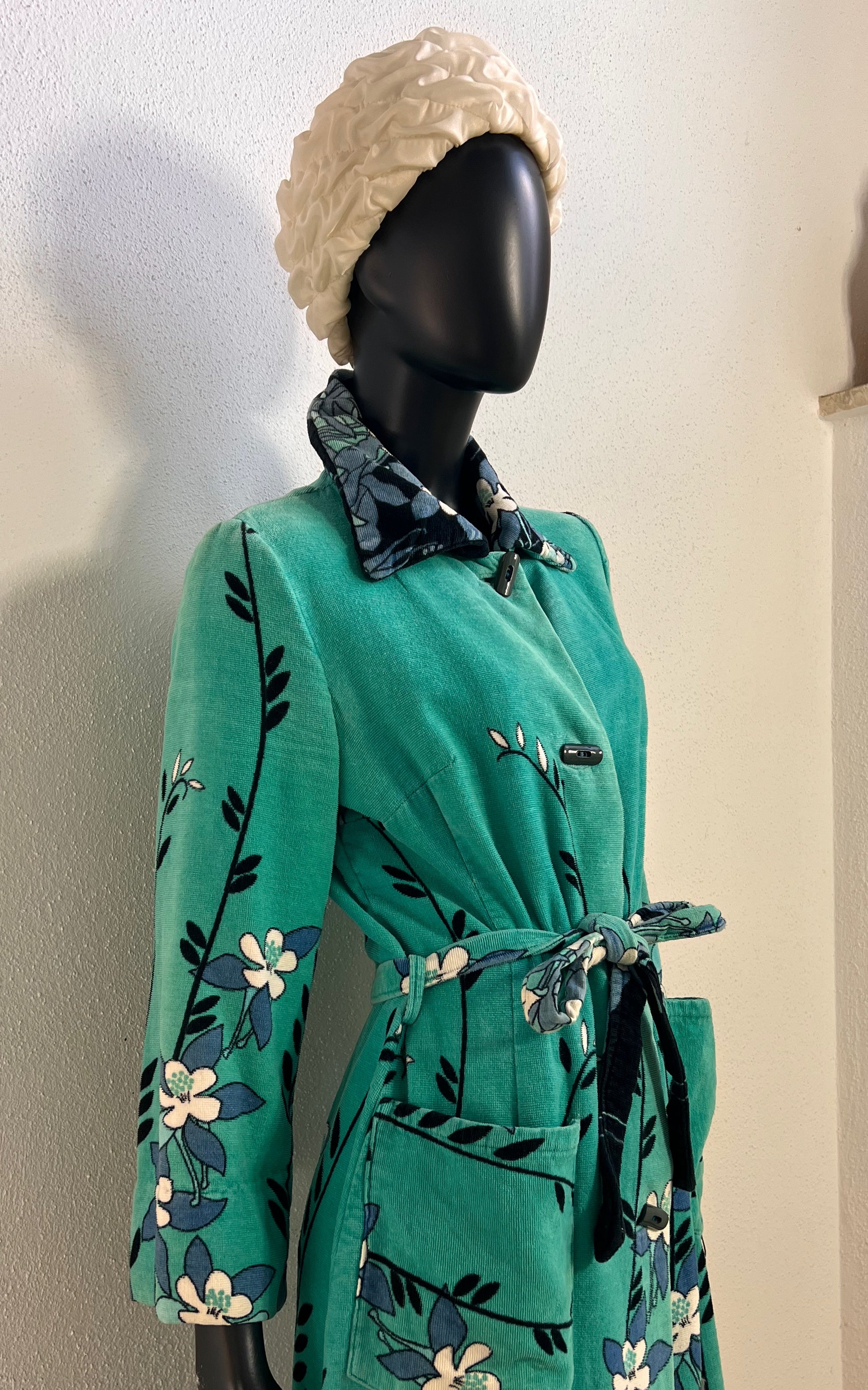 Vintage 1970s Turquoise Floral Velour Maxi Coat