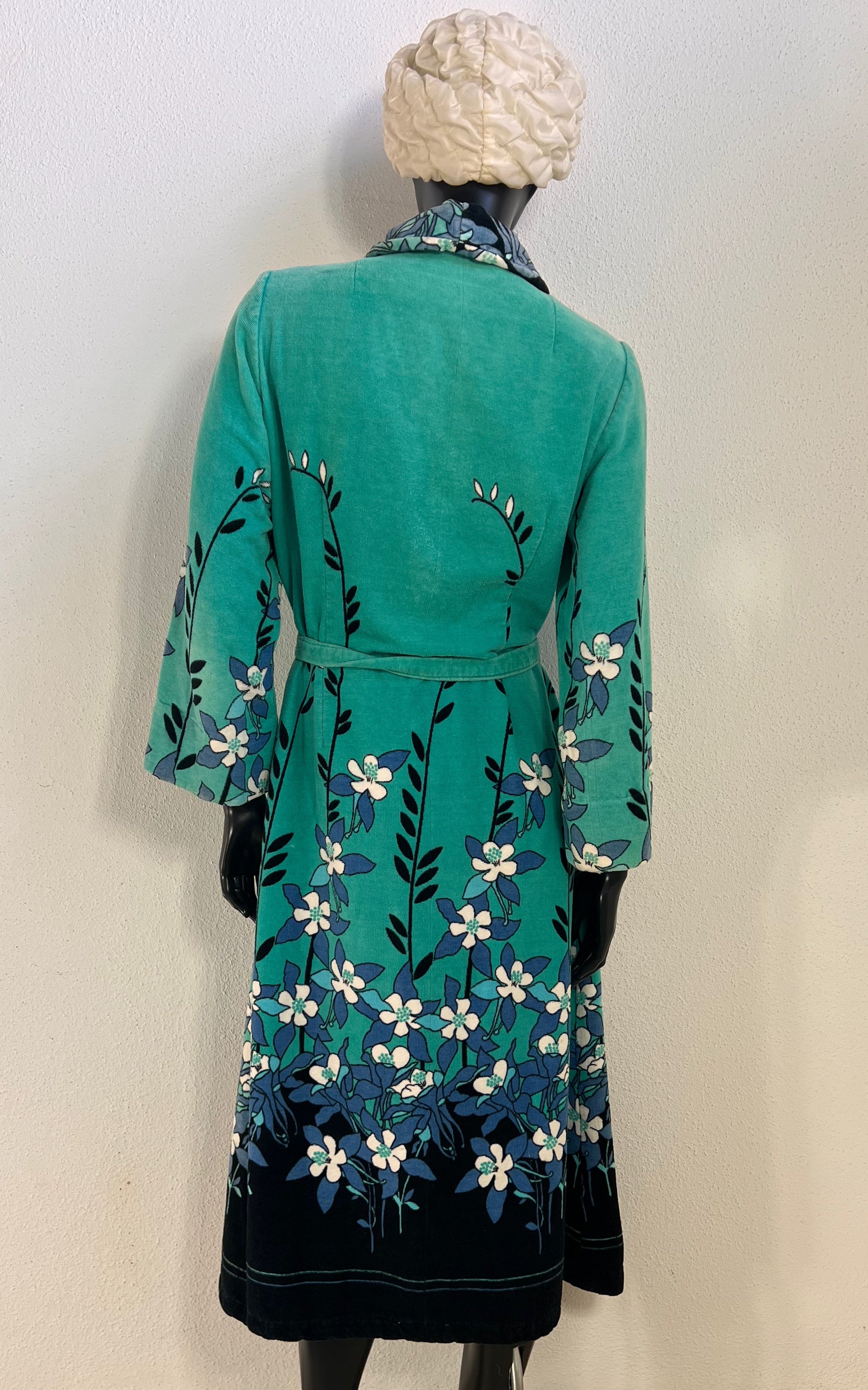 Vintage 1970s Turquoise Floral Velour Maxi Coat