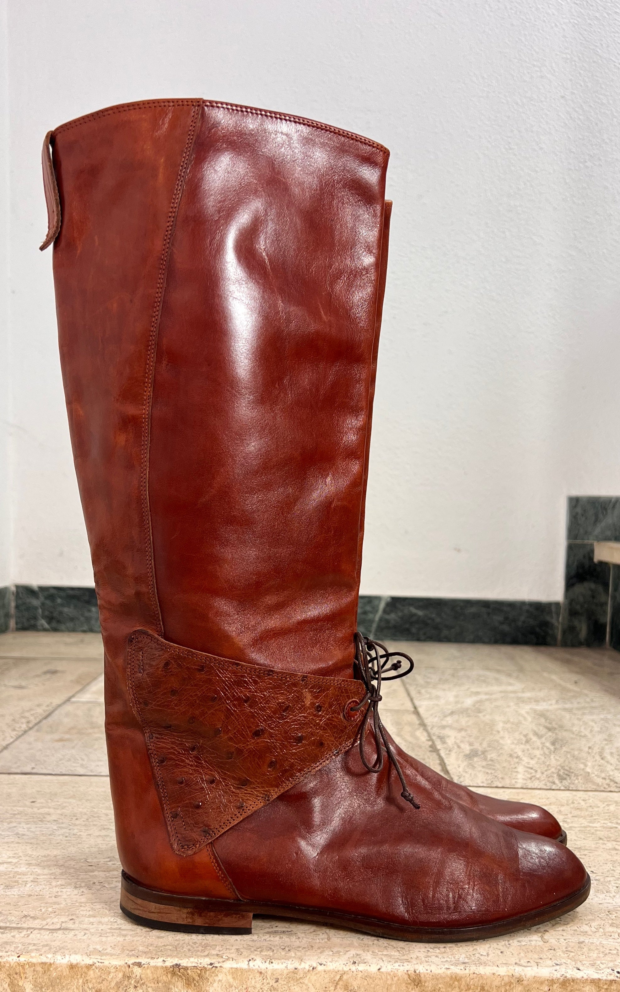 Vintage Italian Cognac Leather Riding Boots with Ostrich-Embossed Details 40