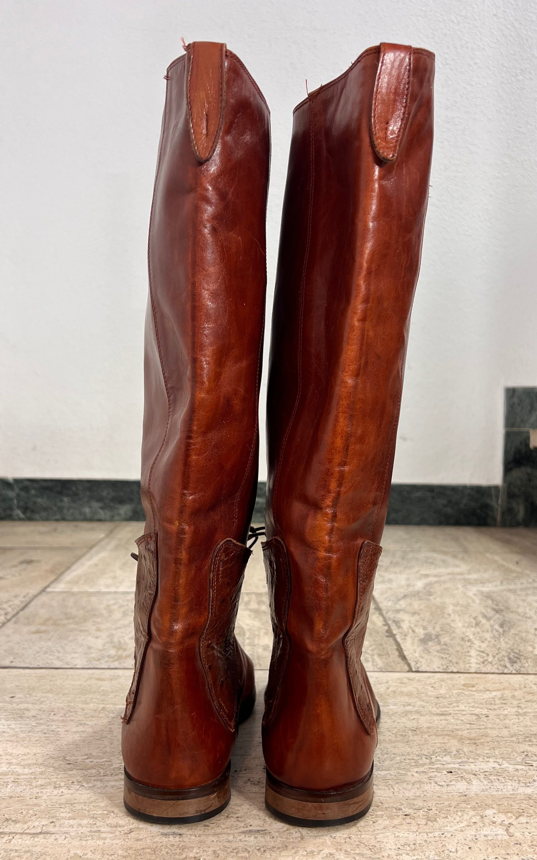 Vintage Italian Cognac Leather Riding Boots with Ostrich-Embossed Details 40