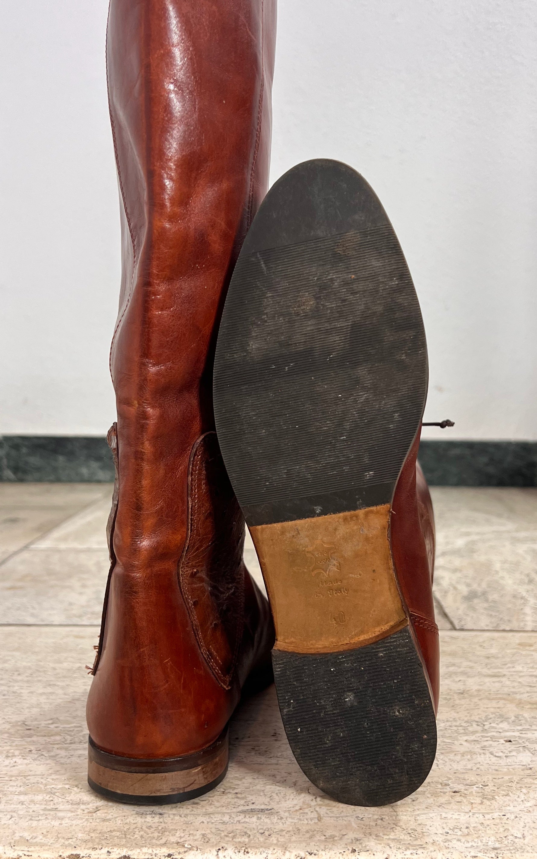 Vintage Italian Cognac Leather Riding Boots with Ostrich-Embossed Details 40