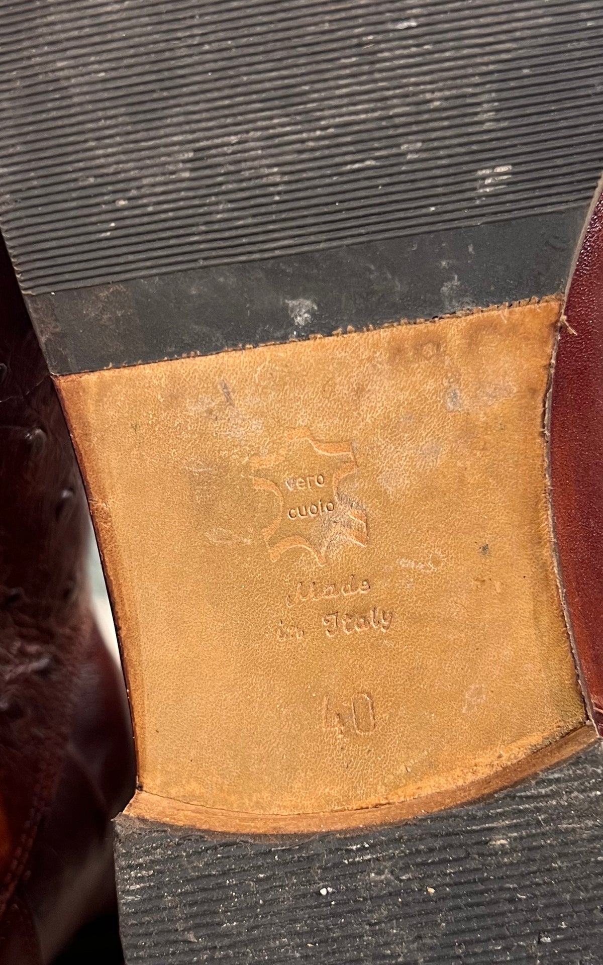 Vintage Italian Cognac Leather Riding Boots with Ostrich-Embossed Details 40