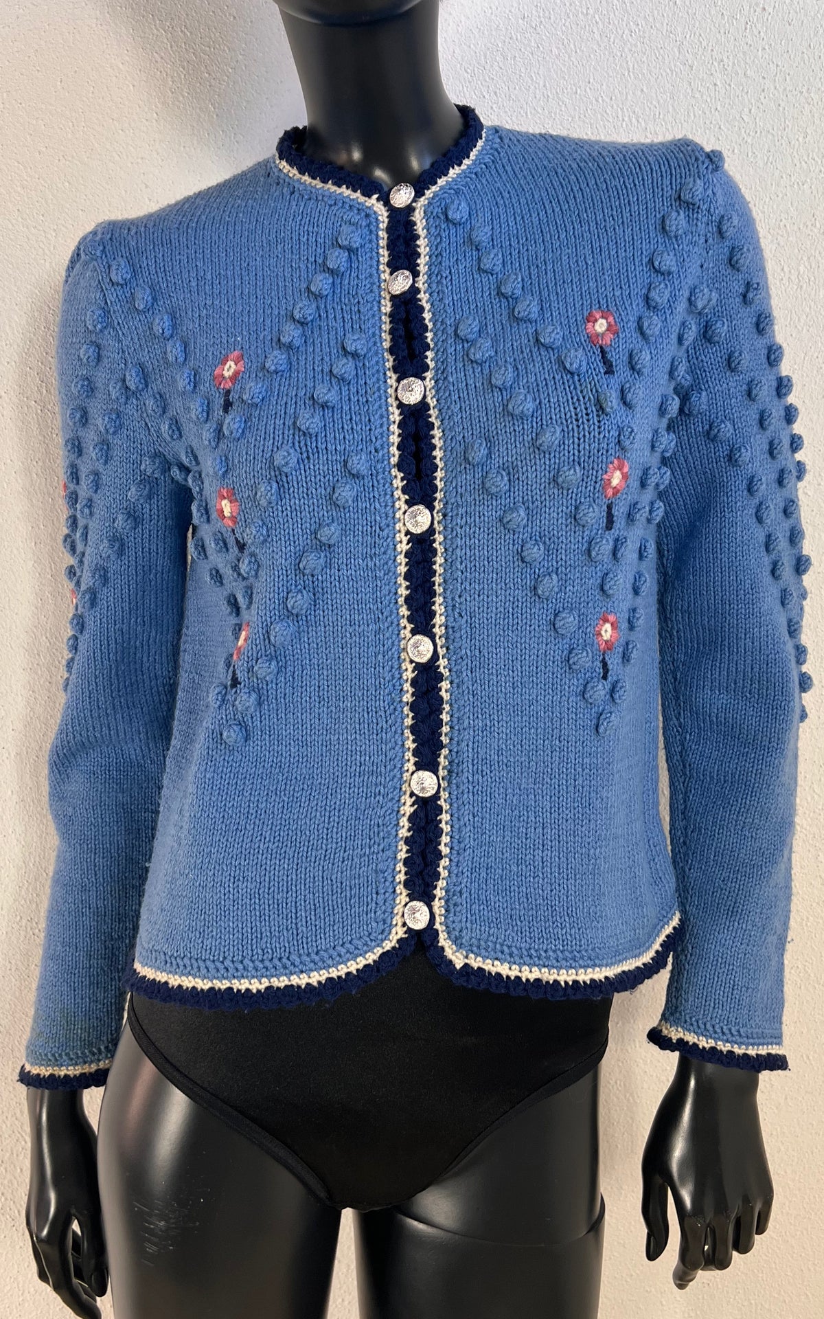 Vintage Austrian Blue Floral Bobble-Knit Cardigan