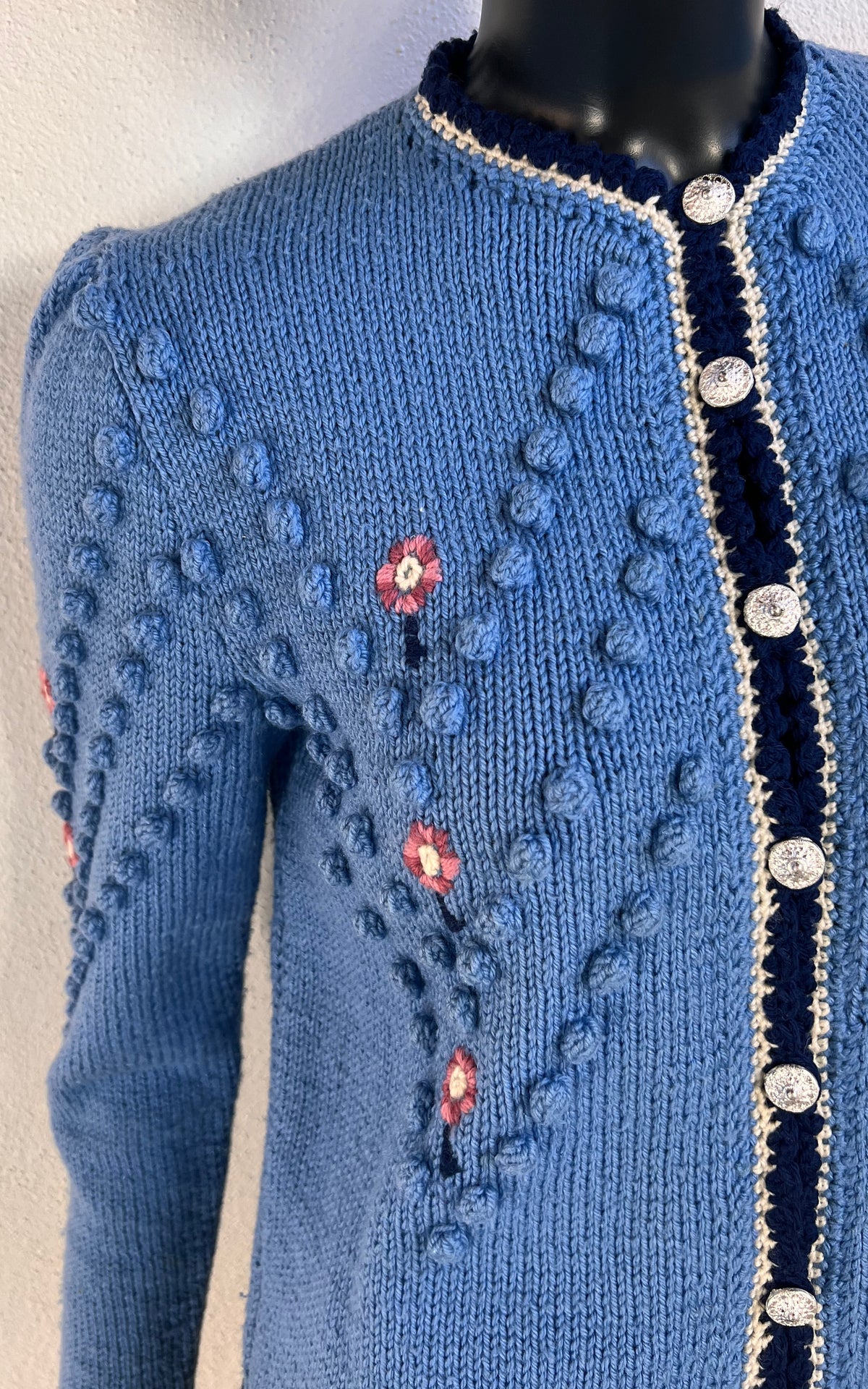 Vintage Austrian Blue Floral Bobble-Knit Cardigan