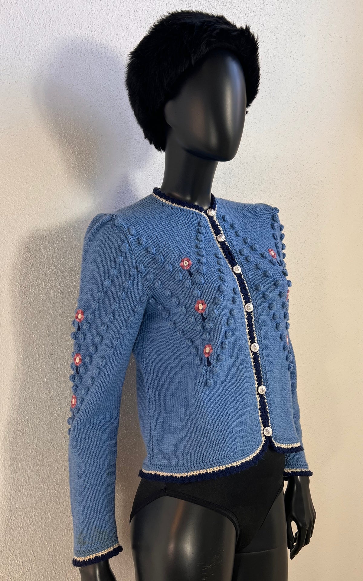 Vintage Austrian Blue Floral Bobble-Knit Cardigan