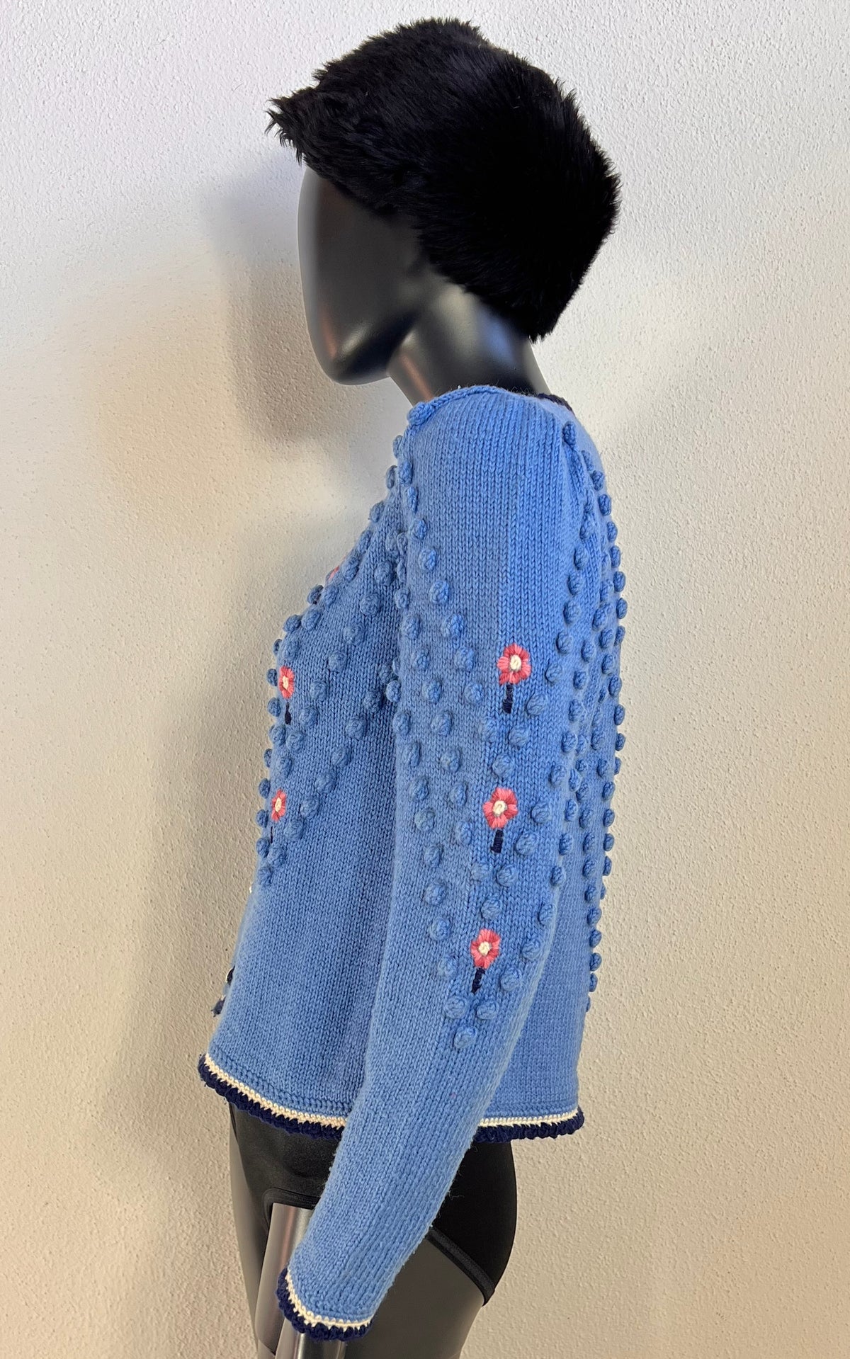 Vintage Austrian Blue Floral Bobble-Knit Cardigan