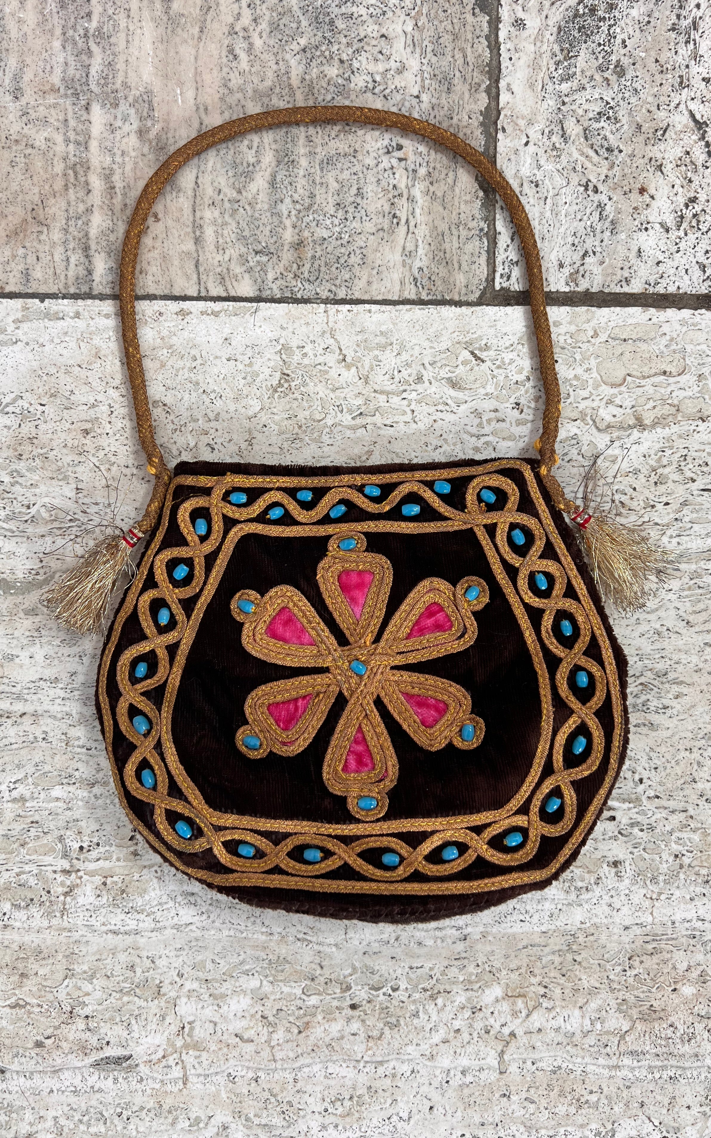 Small Vintage Darkbrown Velvet Afghan Bag