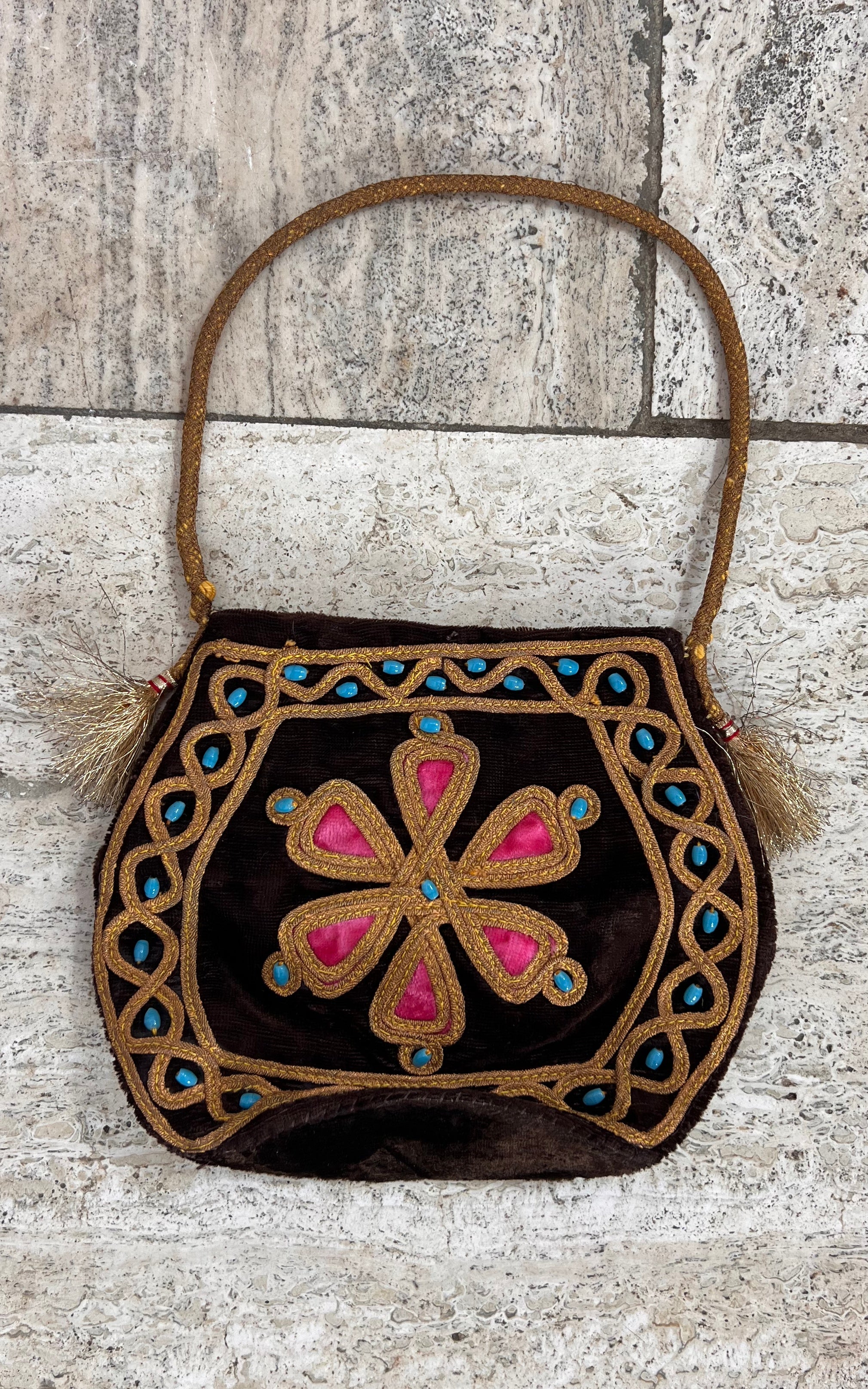 Small Vintage Darkbrown Velvet Afghan Bag