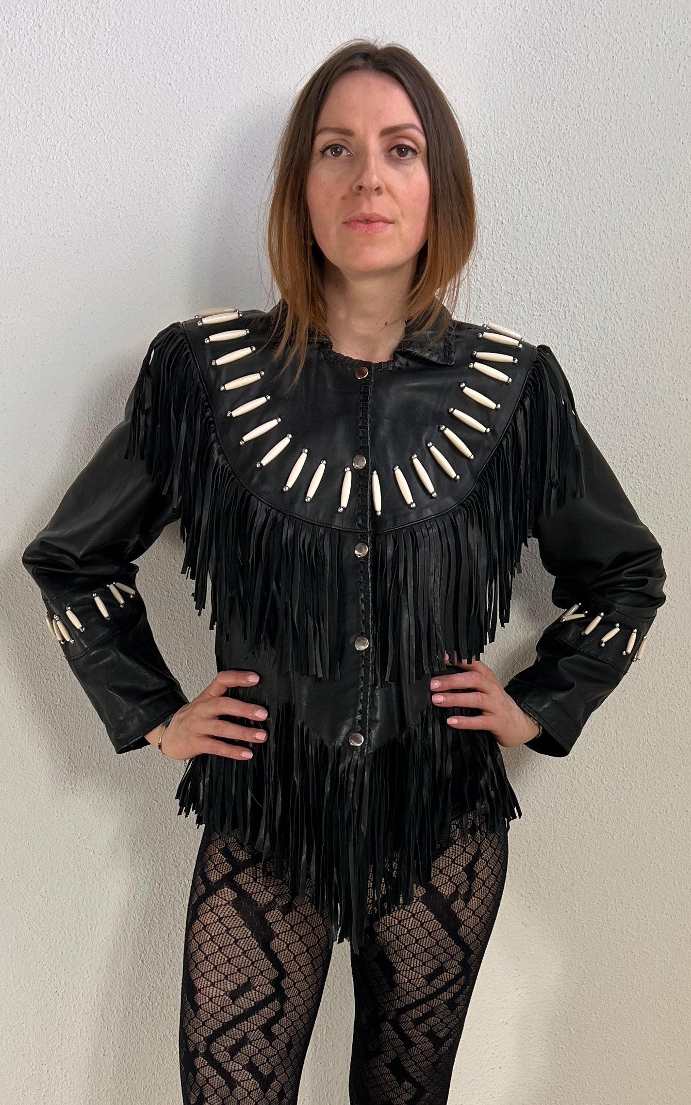 Vintage Black Leather Fringe Jacket with Bone Details