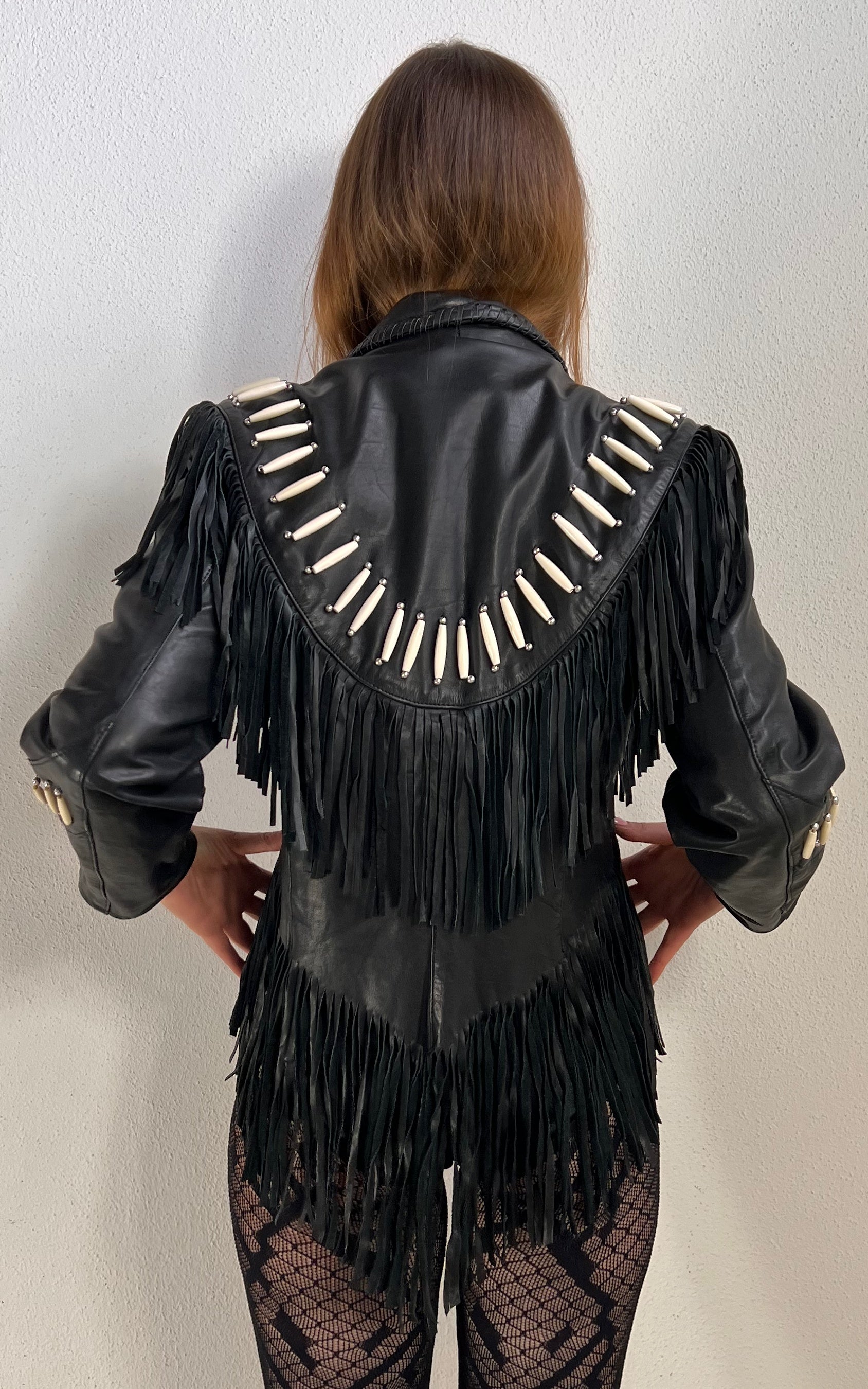 Vintage Black Leather Fringe Jacket with Bone Details