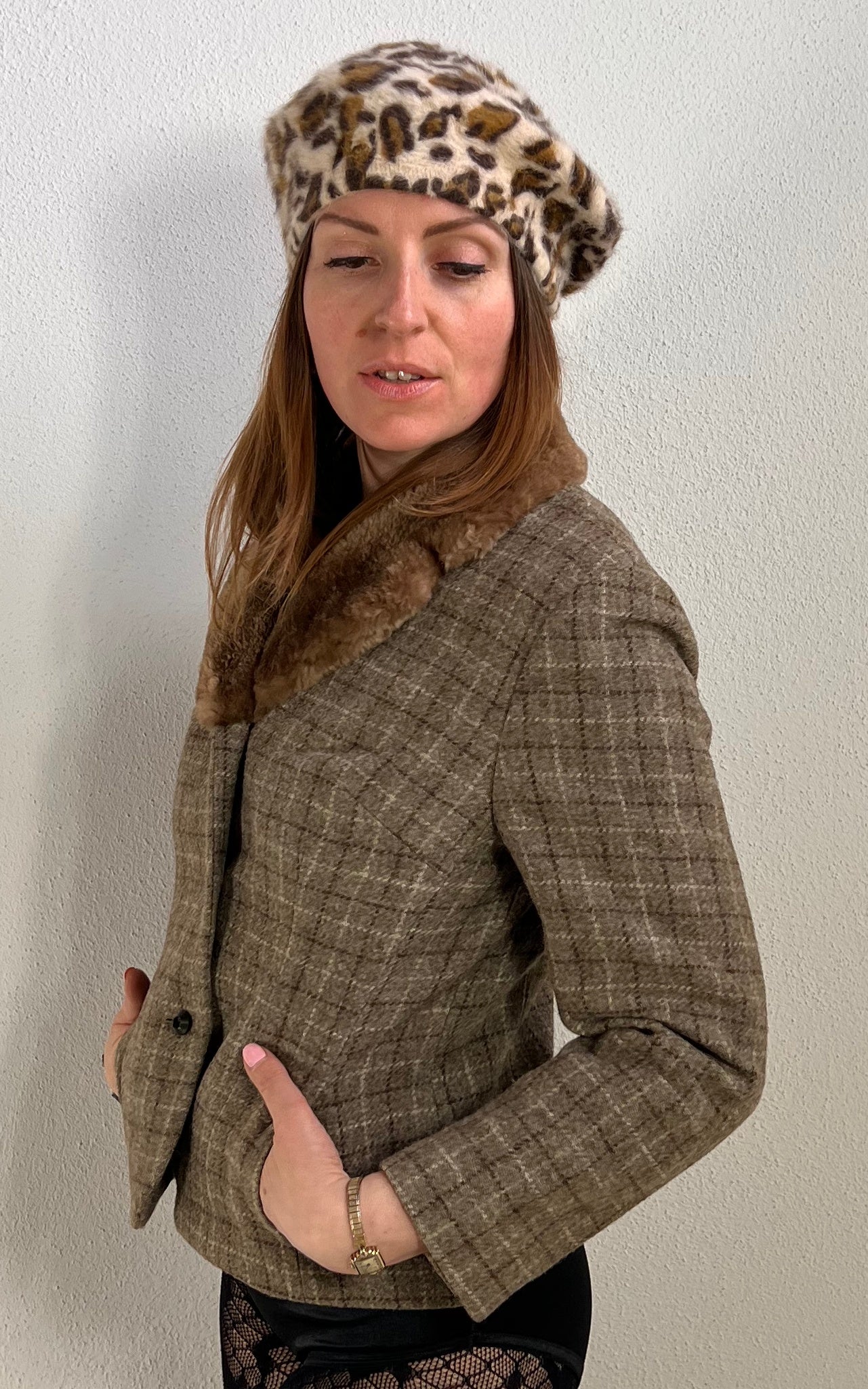 Vintage Wool Blazer Jacket with Fur Collar