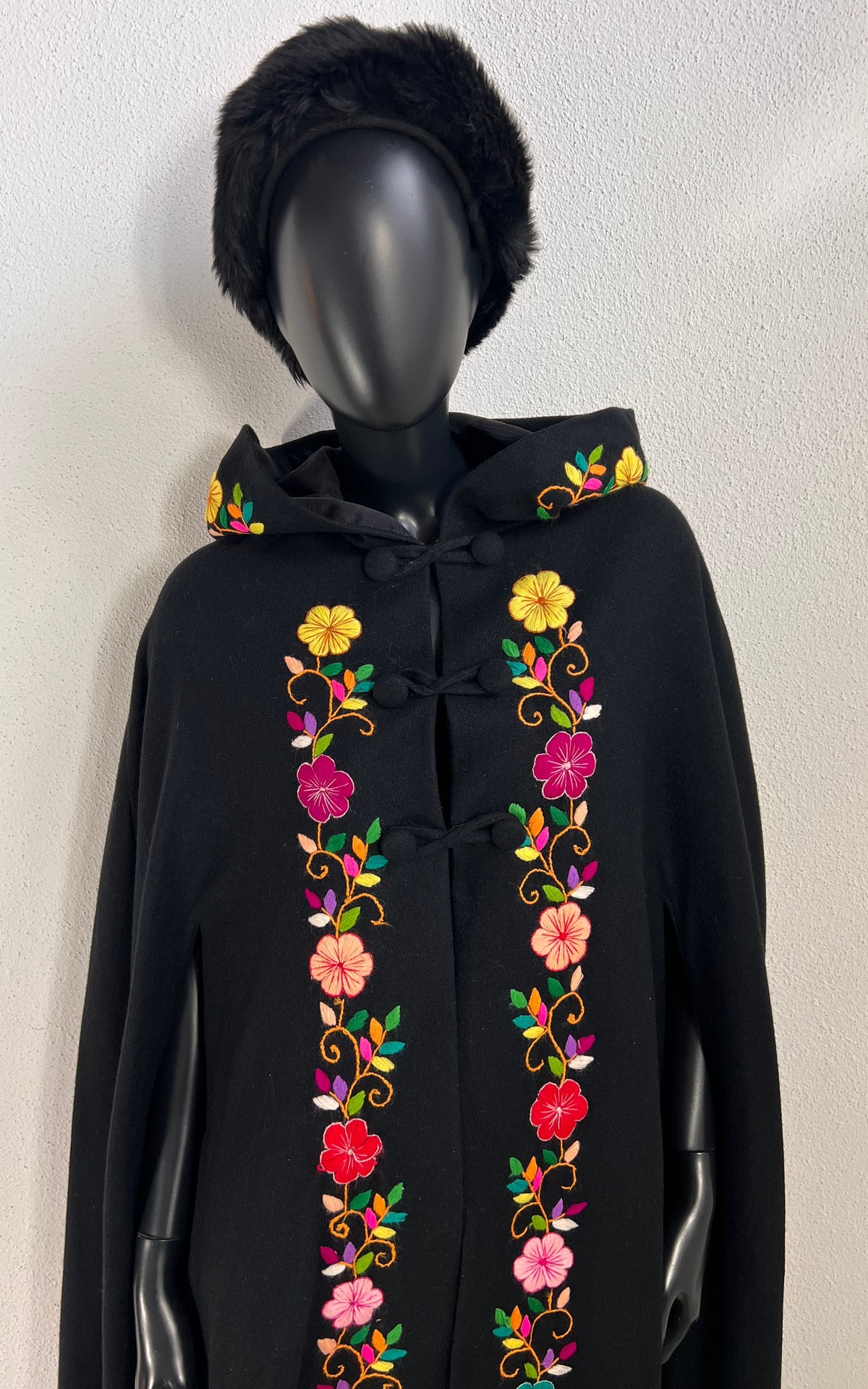 Vintage 1970s Black Wool Cape with Floral Embroidery