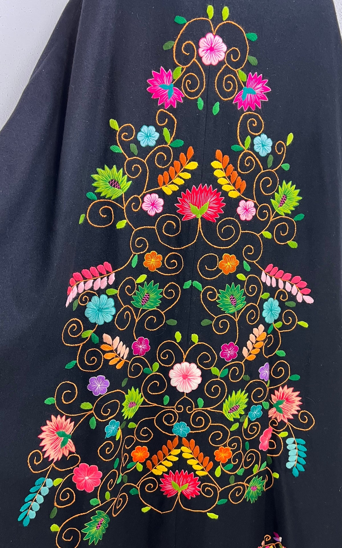 Vintage 1970s Black Wool Cape with Floral Embroidery