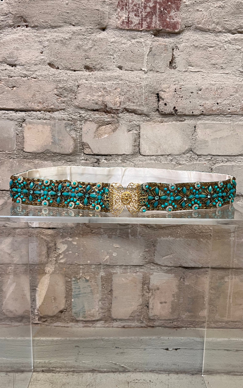 Vintage 60s Turquoise Sequins & Pearls Belt