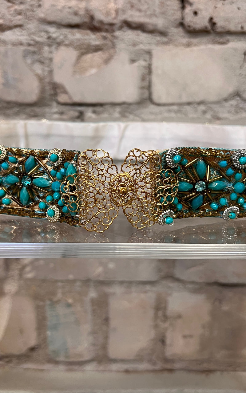 Vintage 60s Turquoise Sequins & Pearls Belt