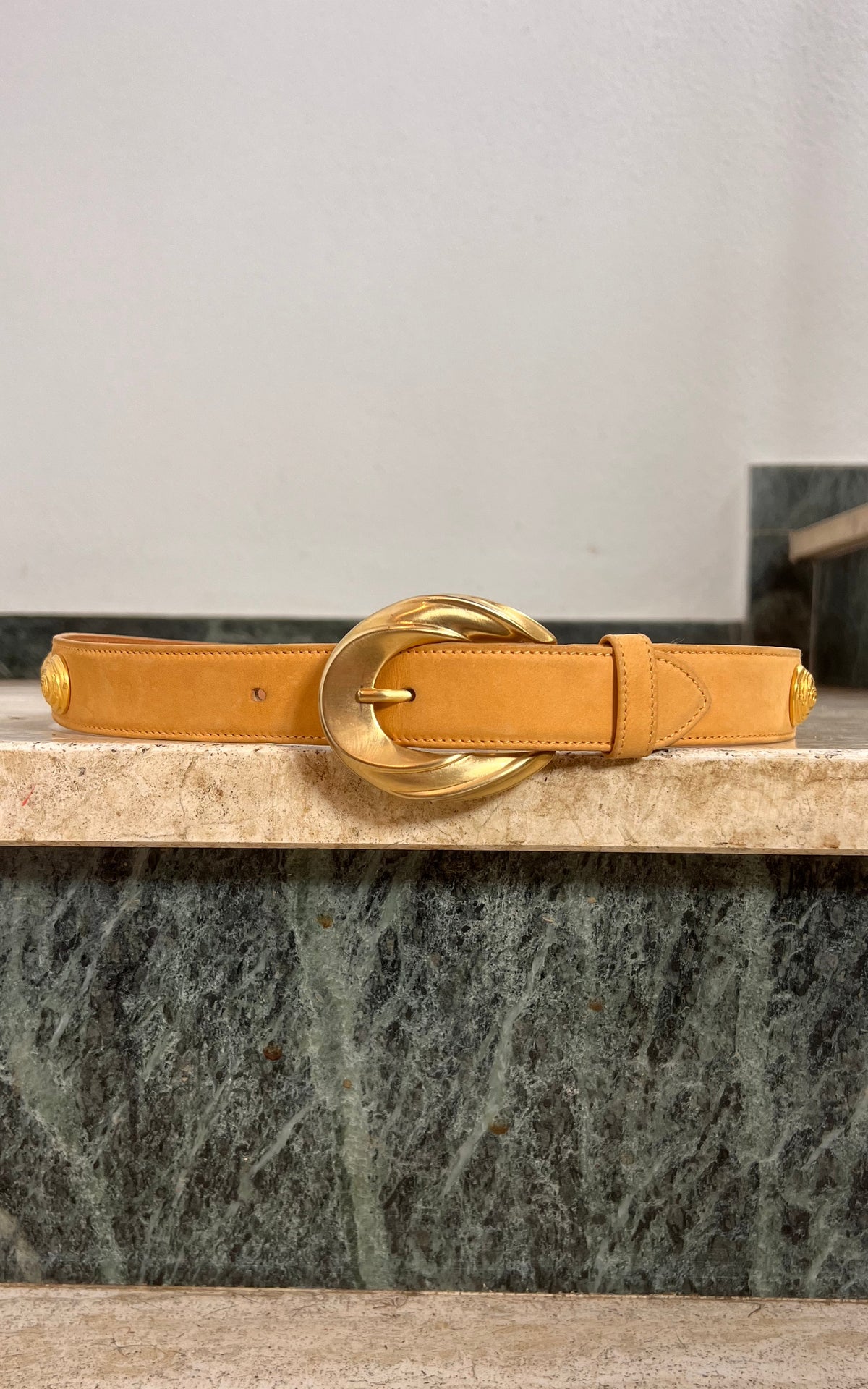Vintage Escada Tan Belt with Gold-Tone Details