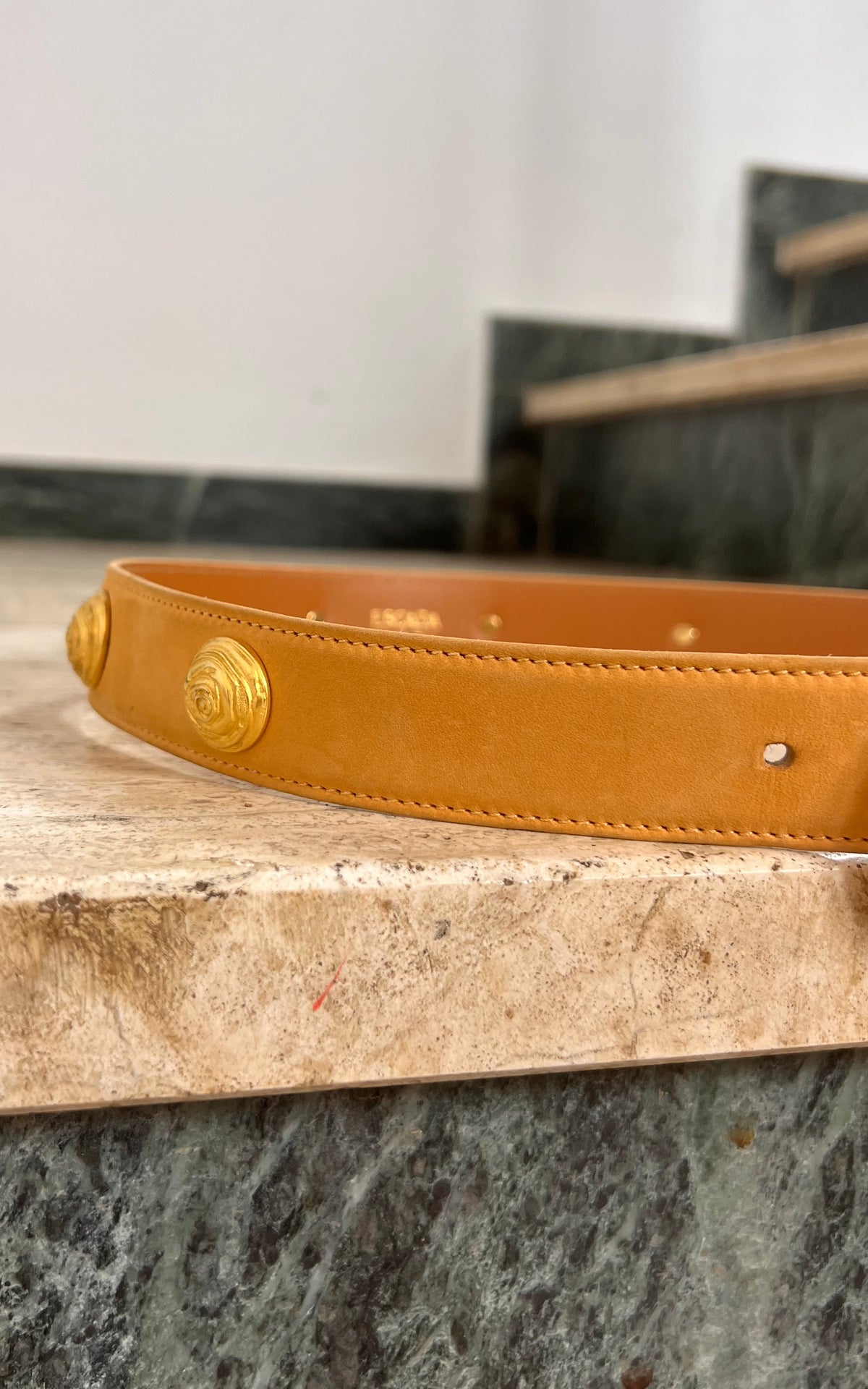 Vintage Escada Tan Belt with Gold-Tone Details