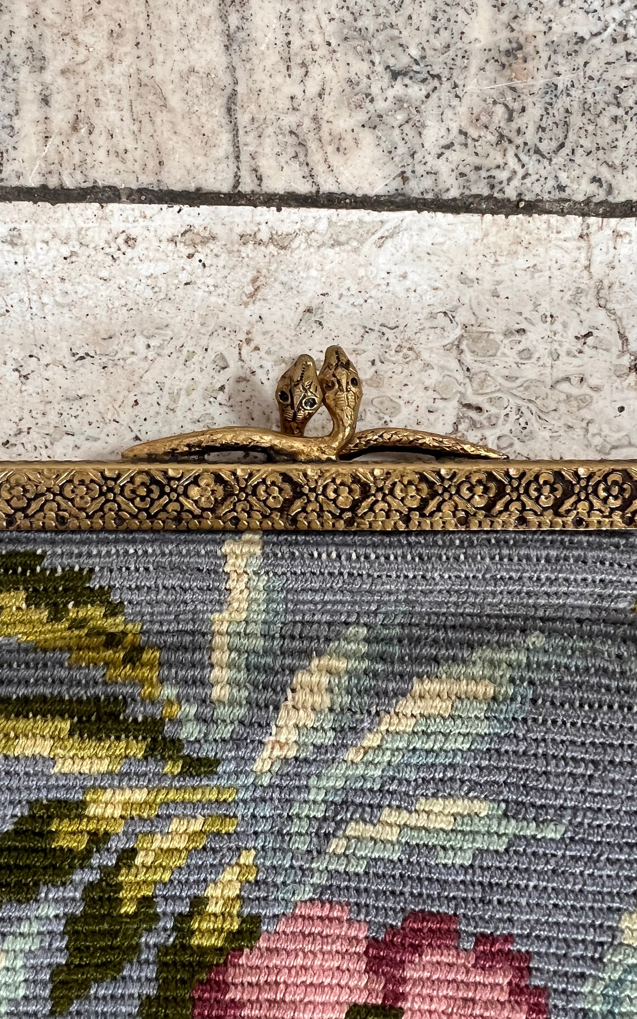Vintage Floral Tapestry Evening Bag with Snake Detail