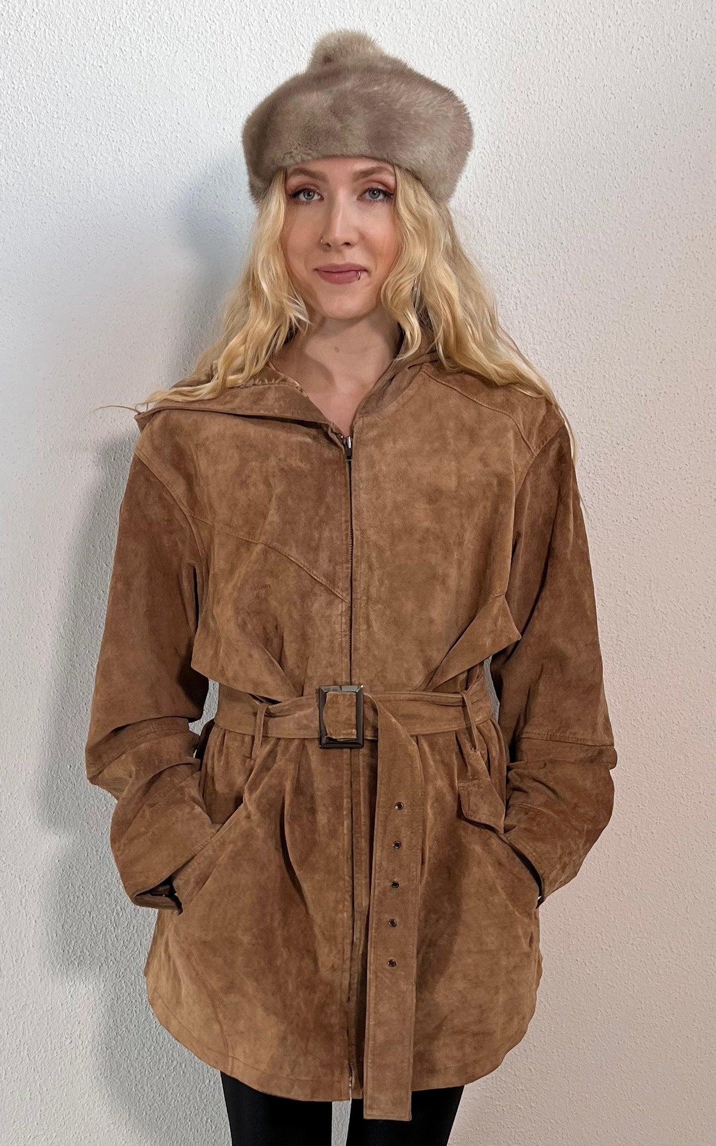 Vintage 90s Hooded Suede Leather Jacket