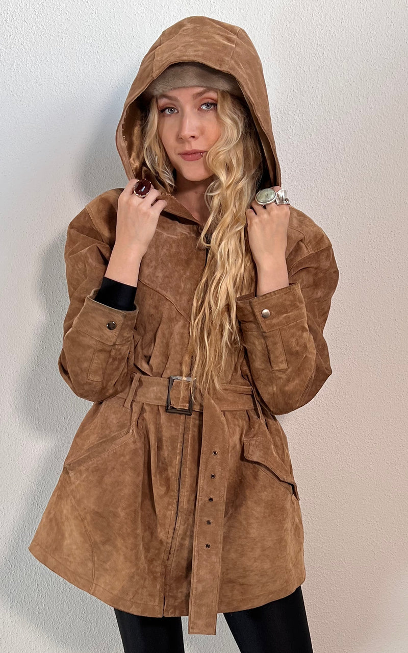 Vintage 90s Hooded Suede Leather Jacket